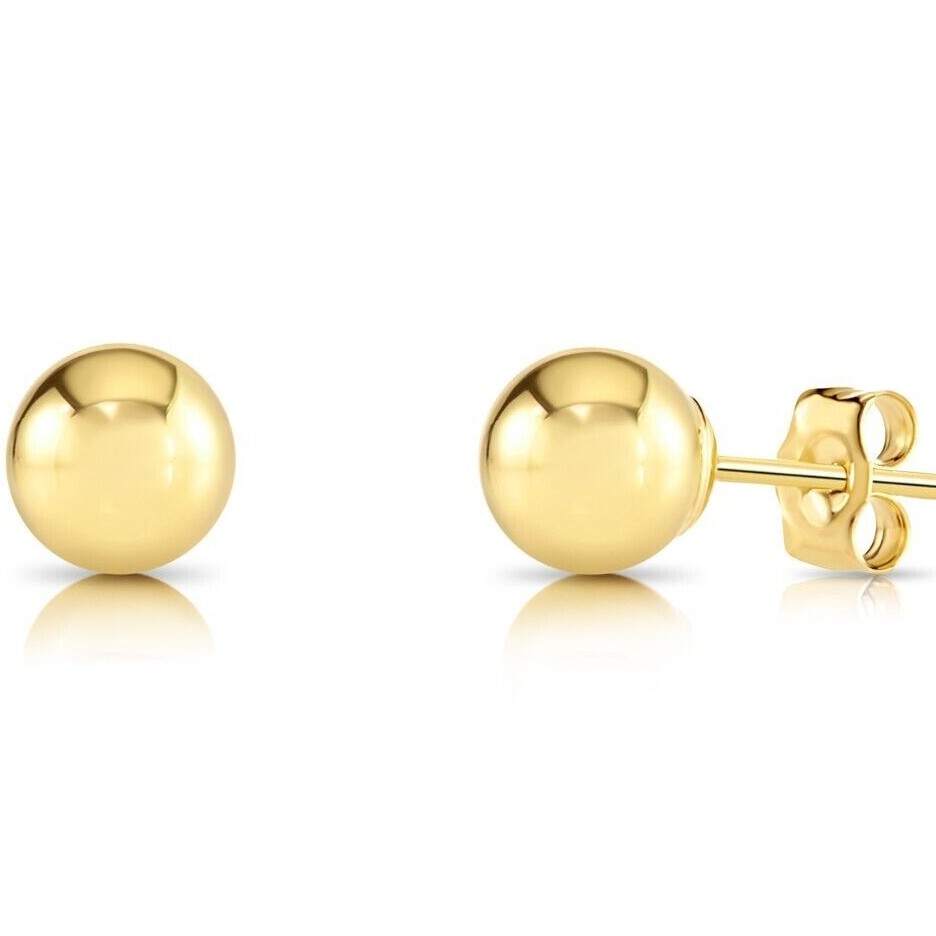 14K Real Solid Yellow Gold Round Ball Bead Sleeper Stud Earrings Pushback 3-8mm