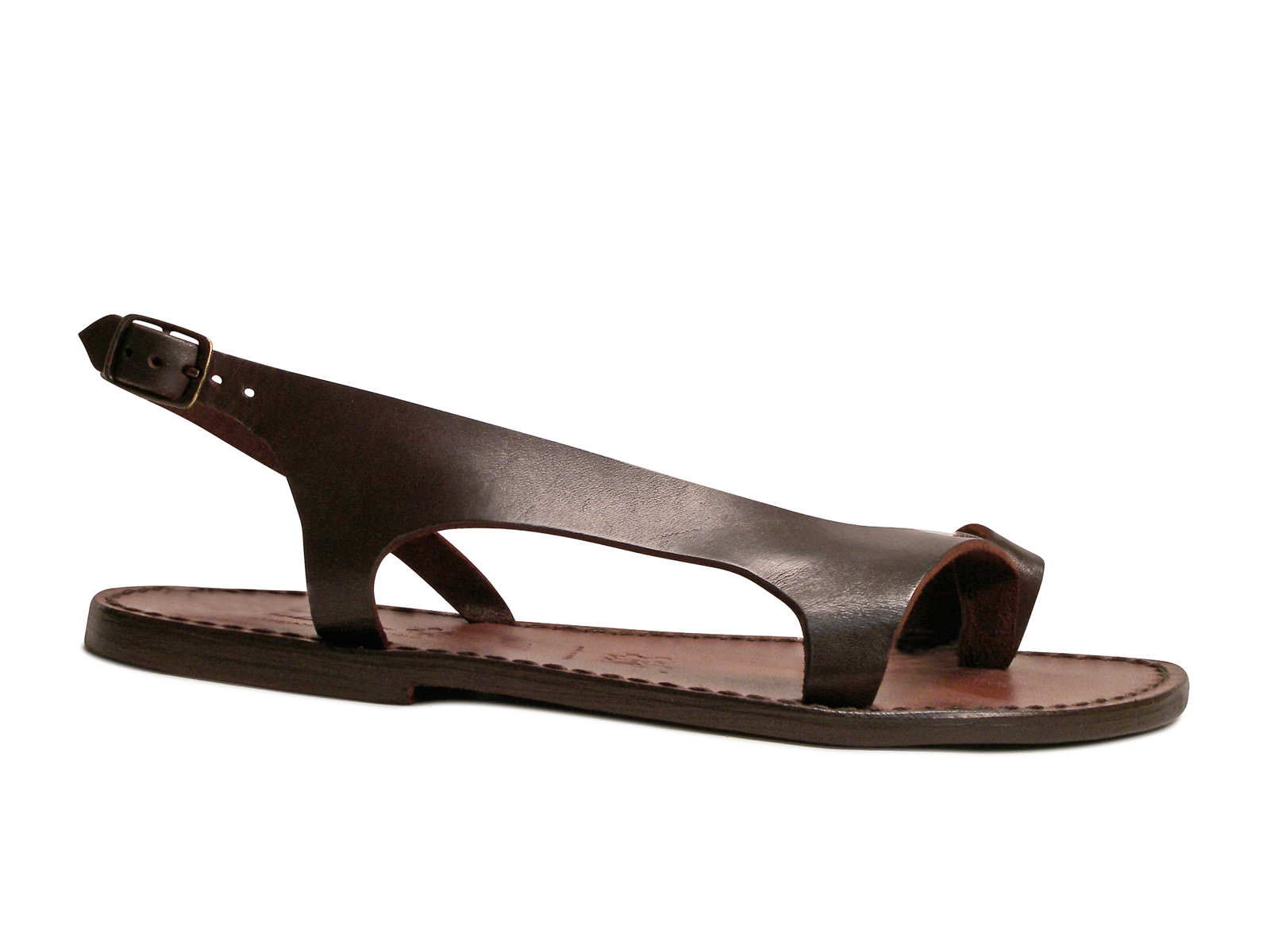 Handmade brown genuine leather womens flat sandals Made in Italy