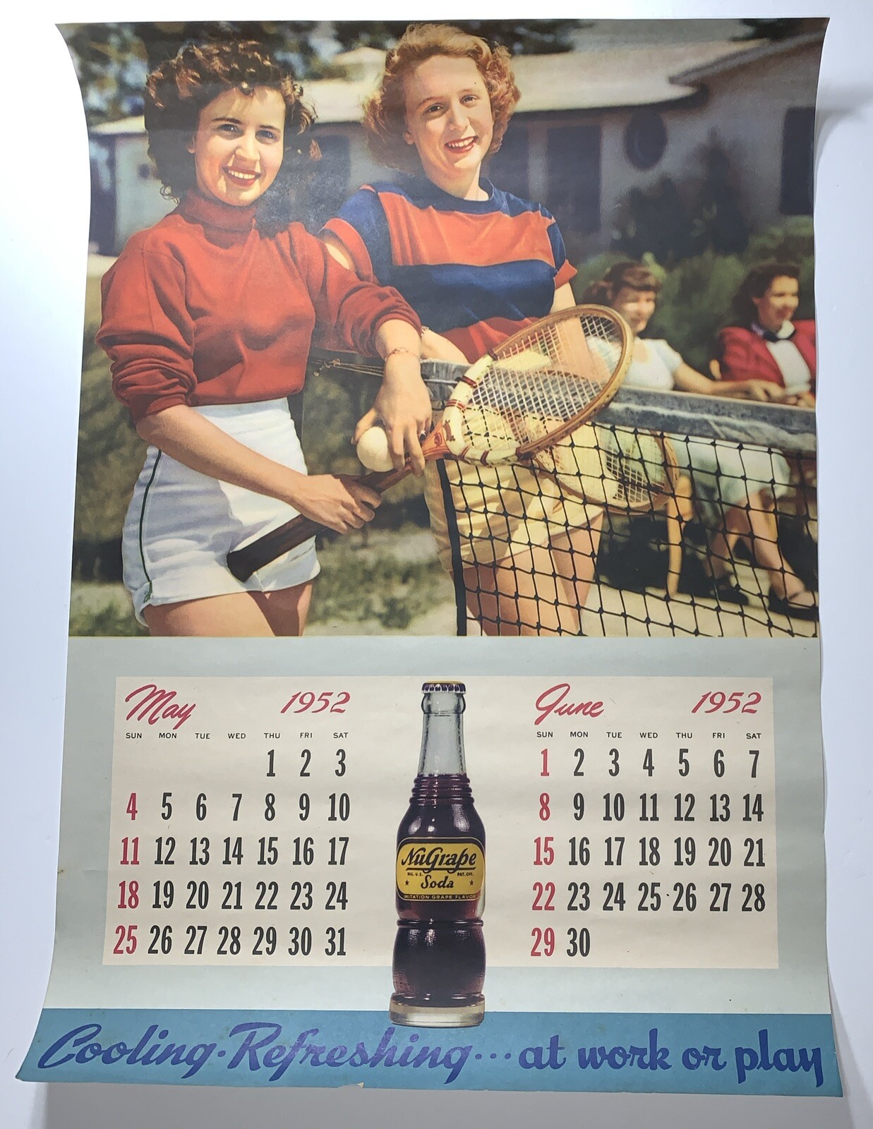 1952 NuGrape Soda Calendar Page Sign 2 Pretty Pin Up Tennis Girls Sport Original