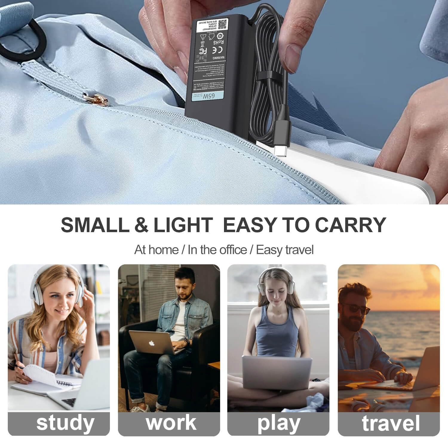 Dell 65W USB C Laptop Charger Power Adapter with 11ft Power Cord