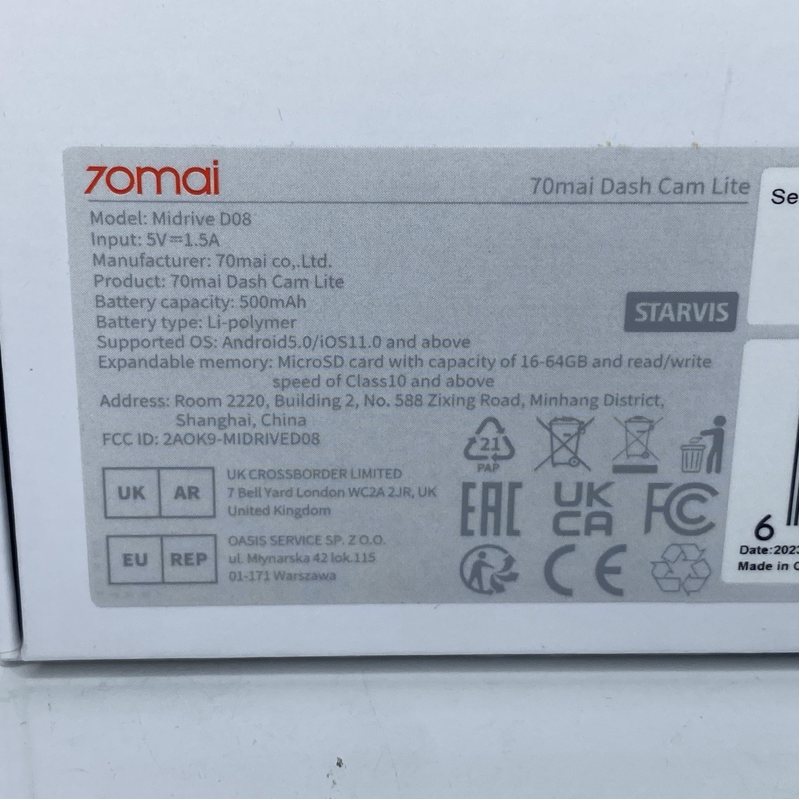 70mai Dash Cam Midrive D08 - 1080p Full HD - Smart Dash Camera - New Open Box