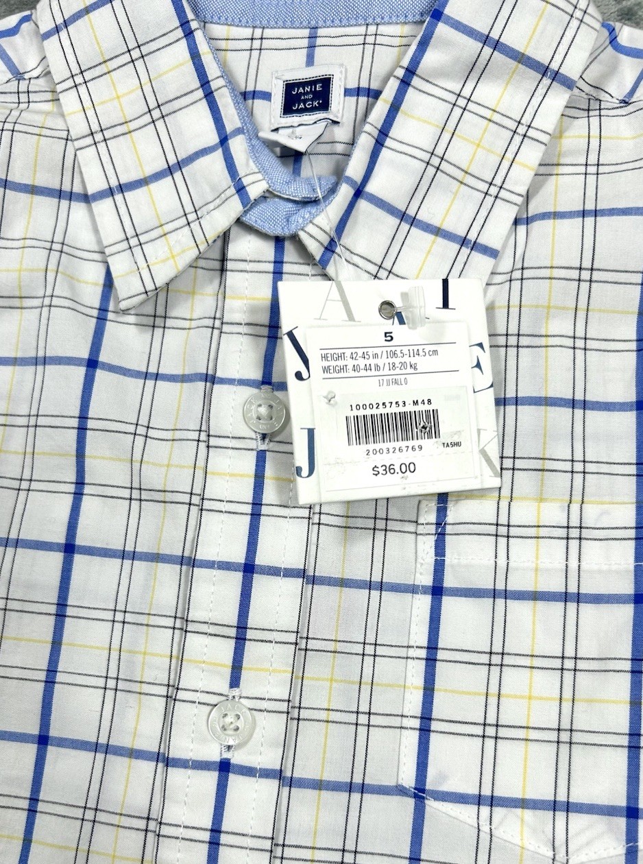 NWT Janie And Jack Button Up Long Sleeve Shirt Boys 5 Plaid Blue White Yellow