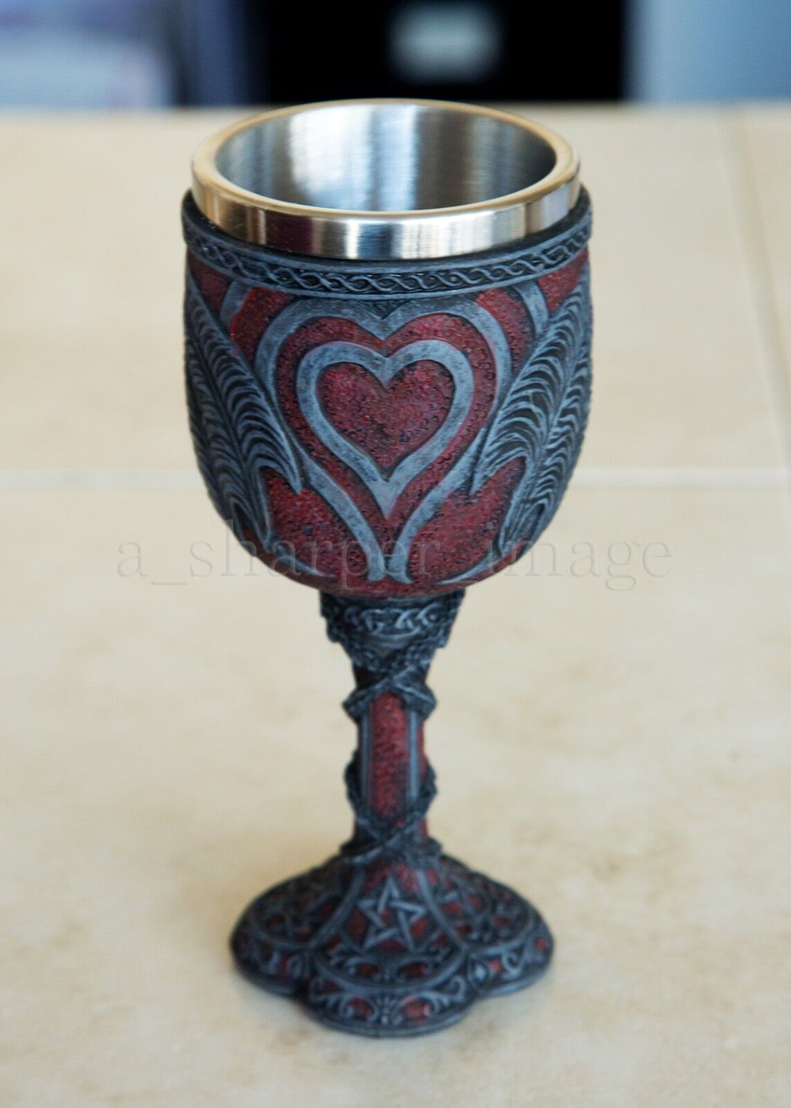 Occult Double Dragon Heart Goblet Chalice Hand Painted 'Stone' Finish Beautiful!