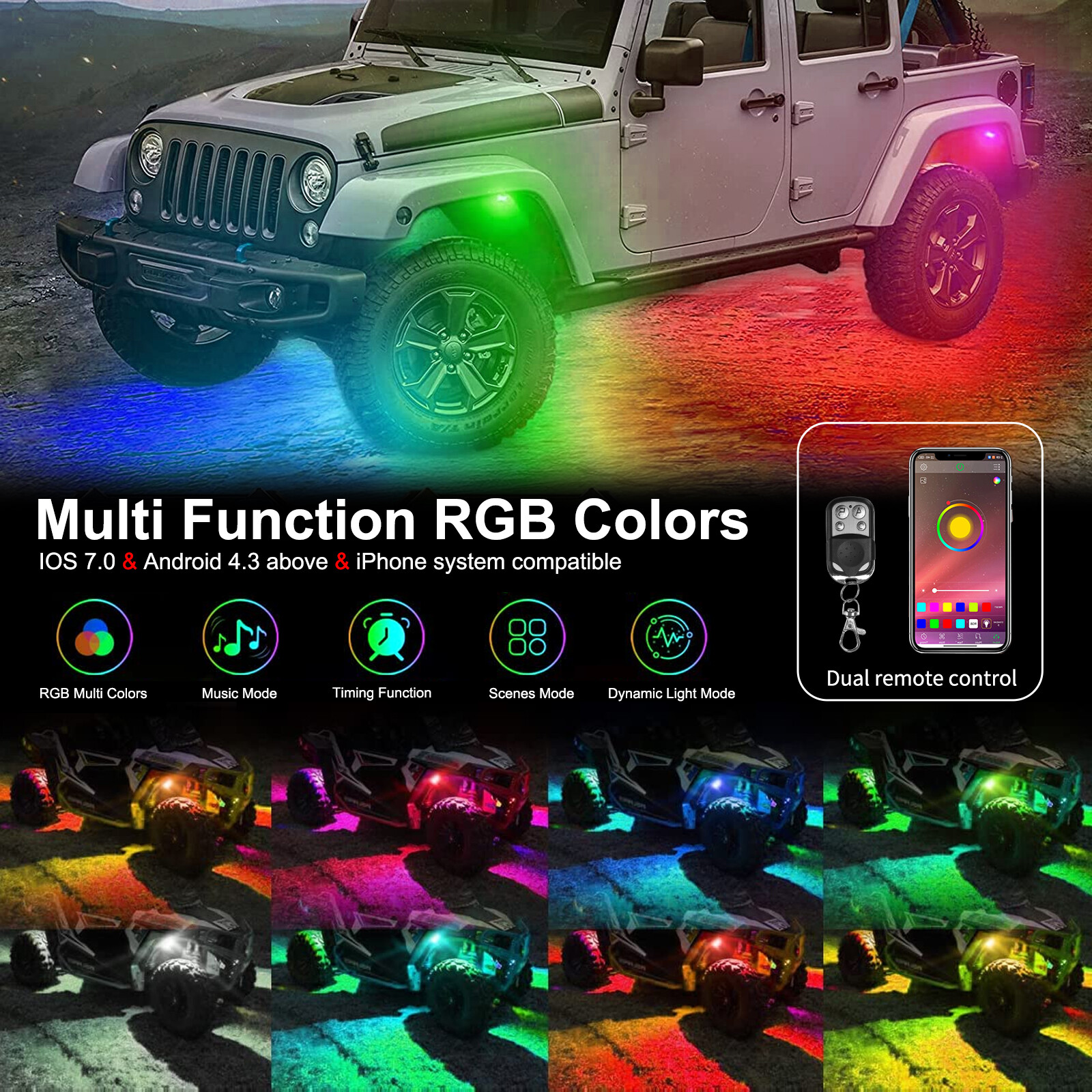 4 Pod RGB LED Rock Lights Underglow with Bluetooth APP Control For UTV ATV RZR