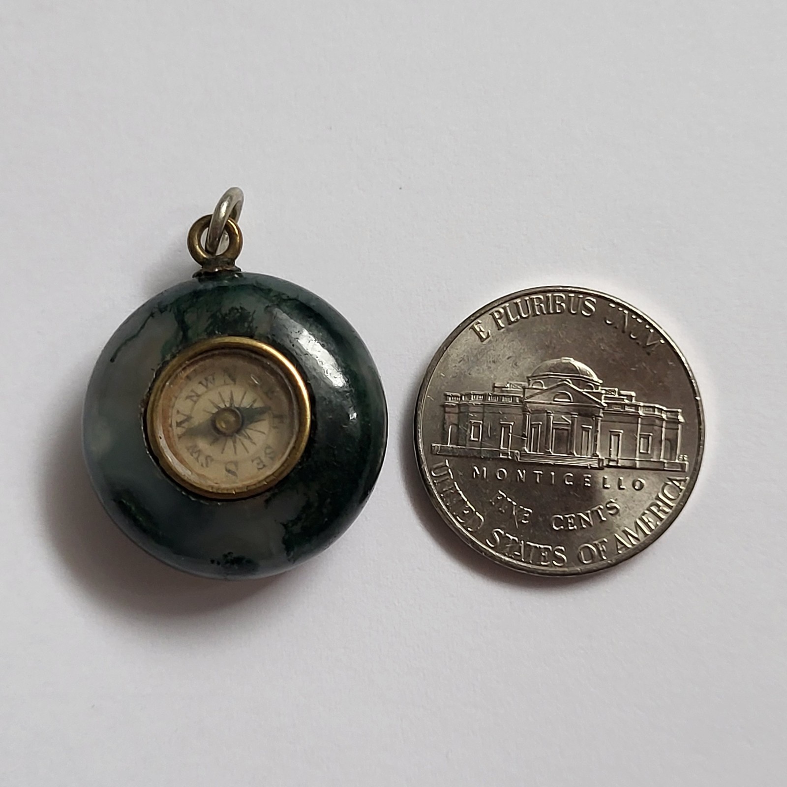 Antique Pocket Watch Fob Green Moss Agate W Compass Victorian Era