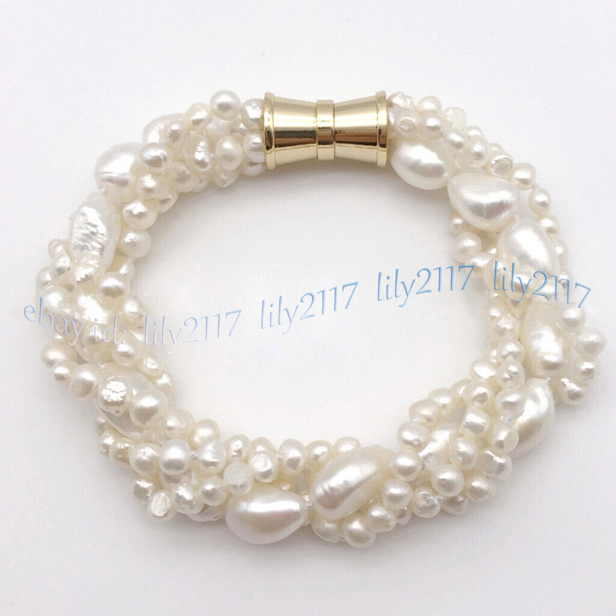 4 Strands Natural White Freshwater Baroque Pearl Bracelet 7-9.5'' 5-6mm 9-10mm