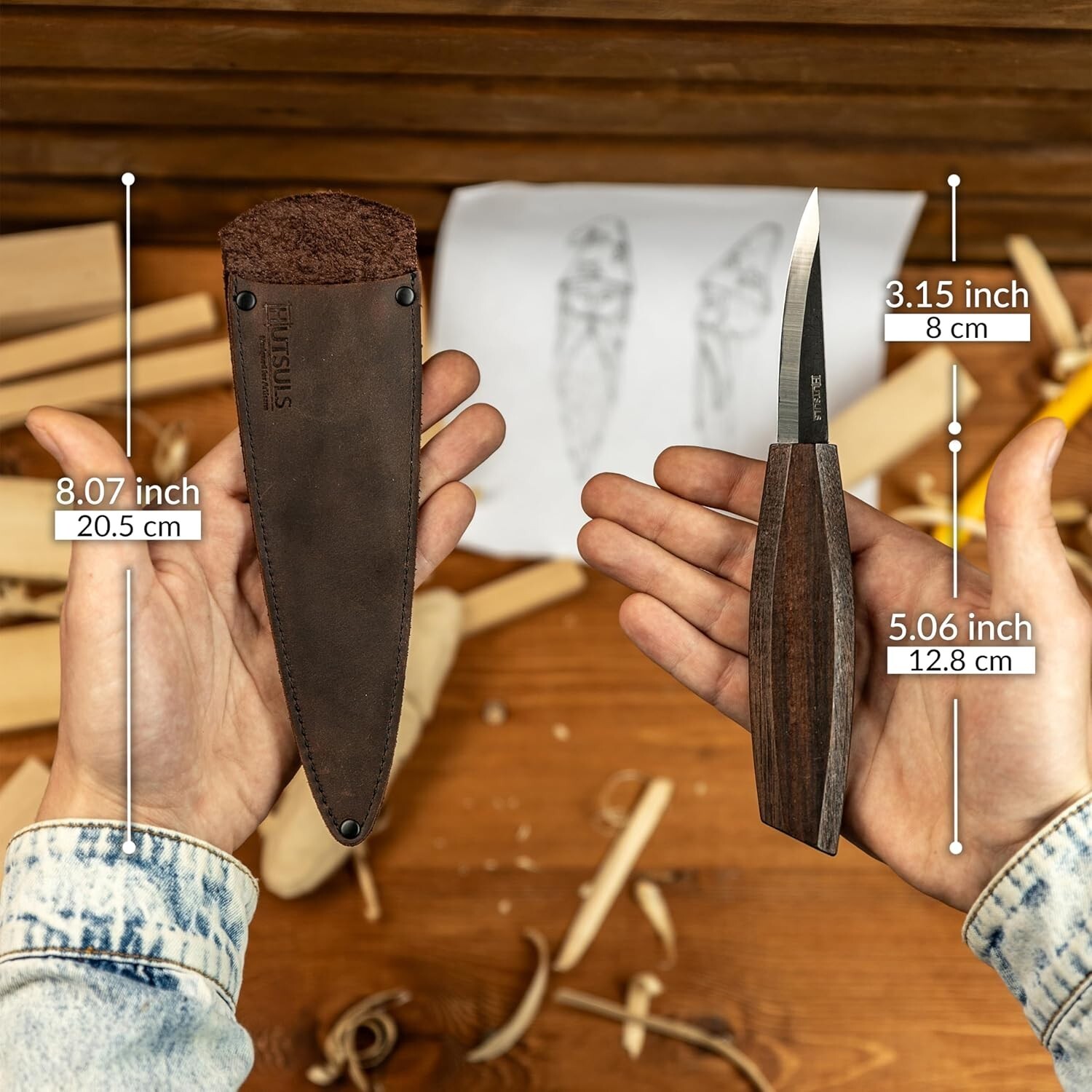 Hutsuls NX-1 Whittling Knife with Leather Sheath Wood Carving Knife Sloyd Knife