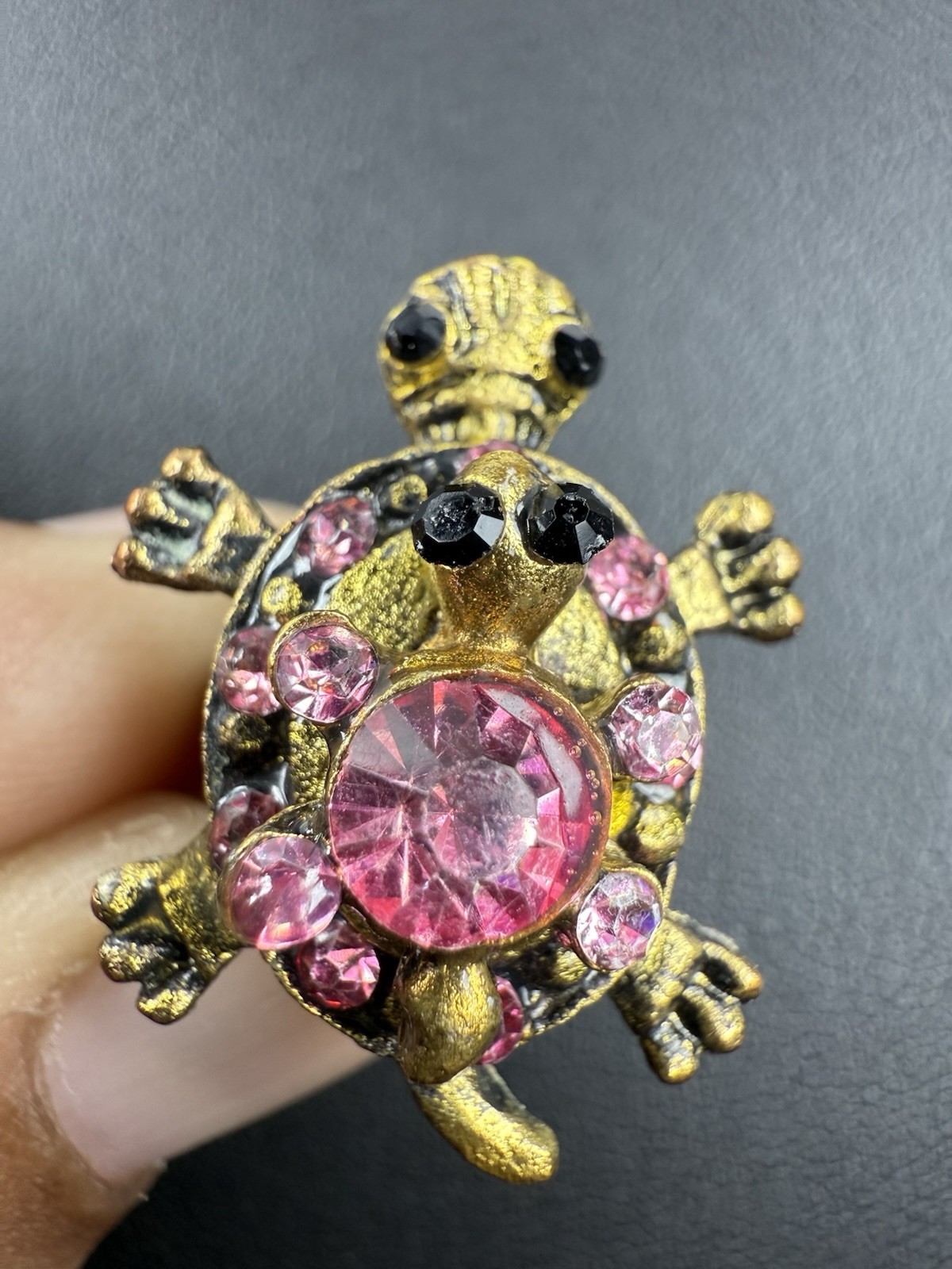 Gold Tone Pink Rhinestone Double Turtle Ring Size 5-7 Jewelry