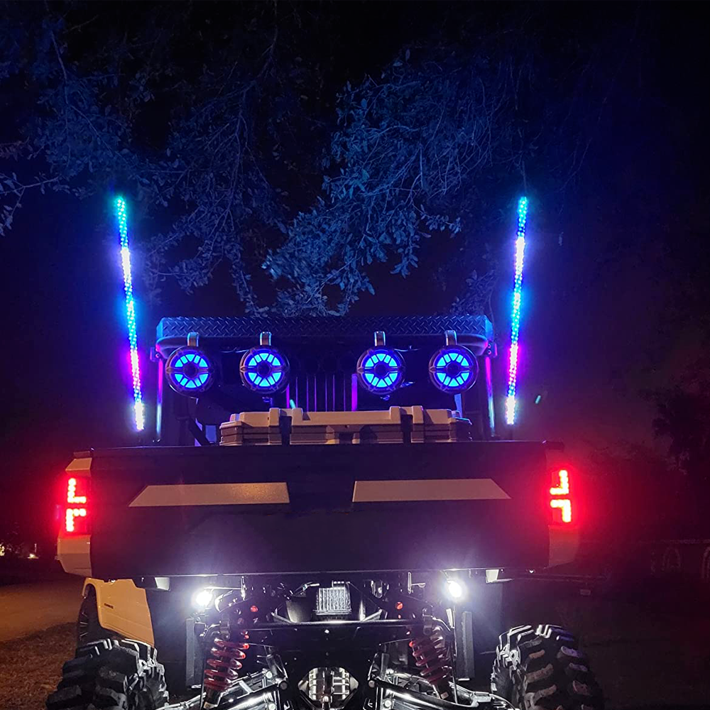 KEMIMOTO Pair 4ft Whip Lights RGB LED Lighted Antenna w/ Flag&Remote UTV ATV