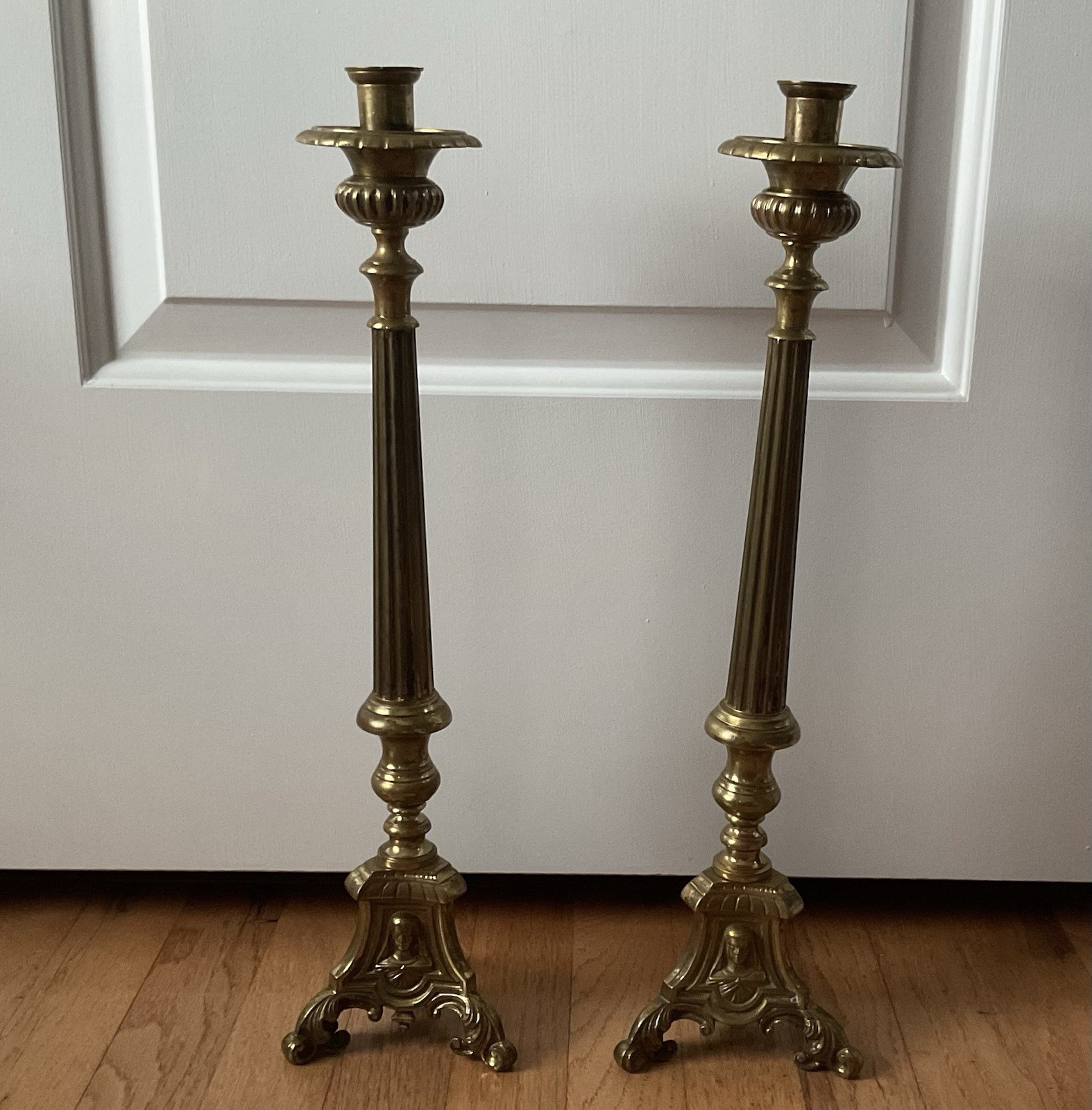 PAIR OF BRASS 16" JMJ HOLY FAMILY ALTAR CANDLE STICKS -175- (CHALICE CO.)
