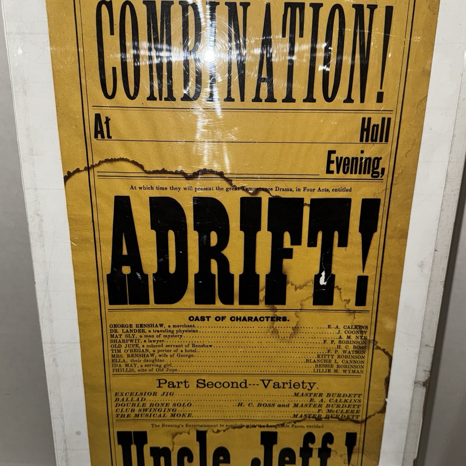 Antique 1880s Carlton’s Combination Adrift Uncle Jeff Theater Broadside Poster