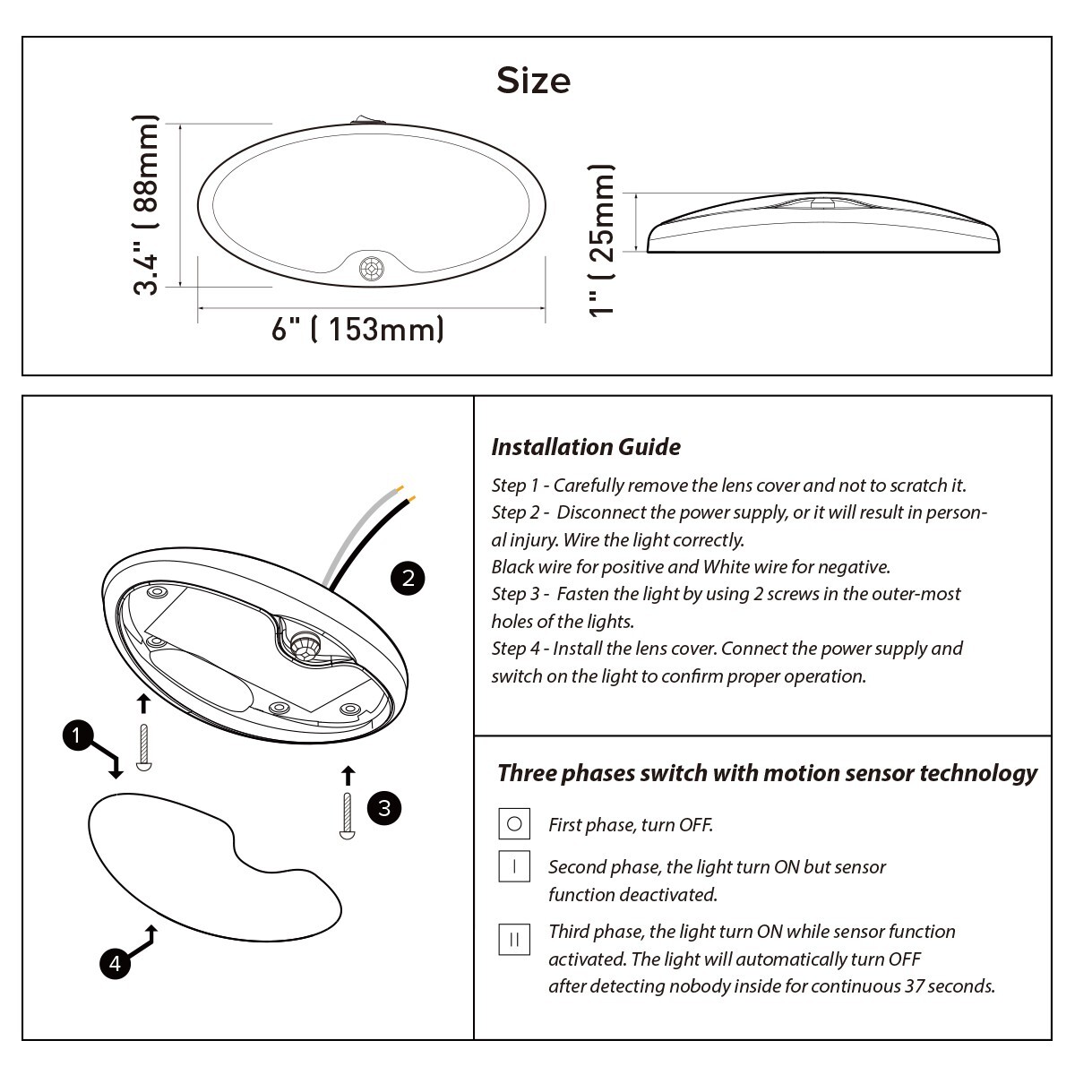 12V LED Motion Sensor Light RV Boat Yacht Ceiling Down Light Fixture with Switch