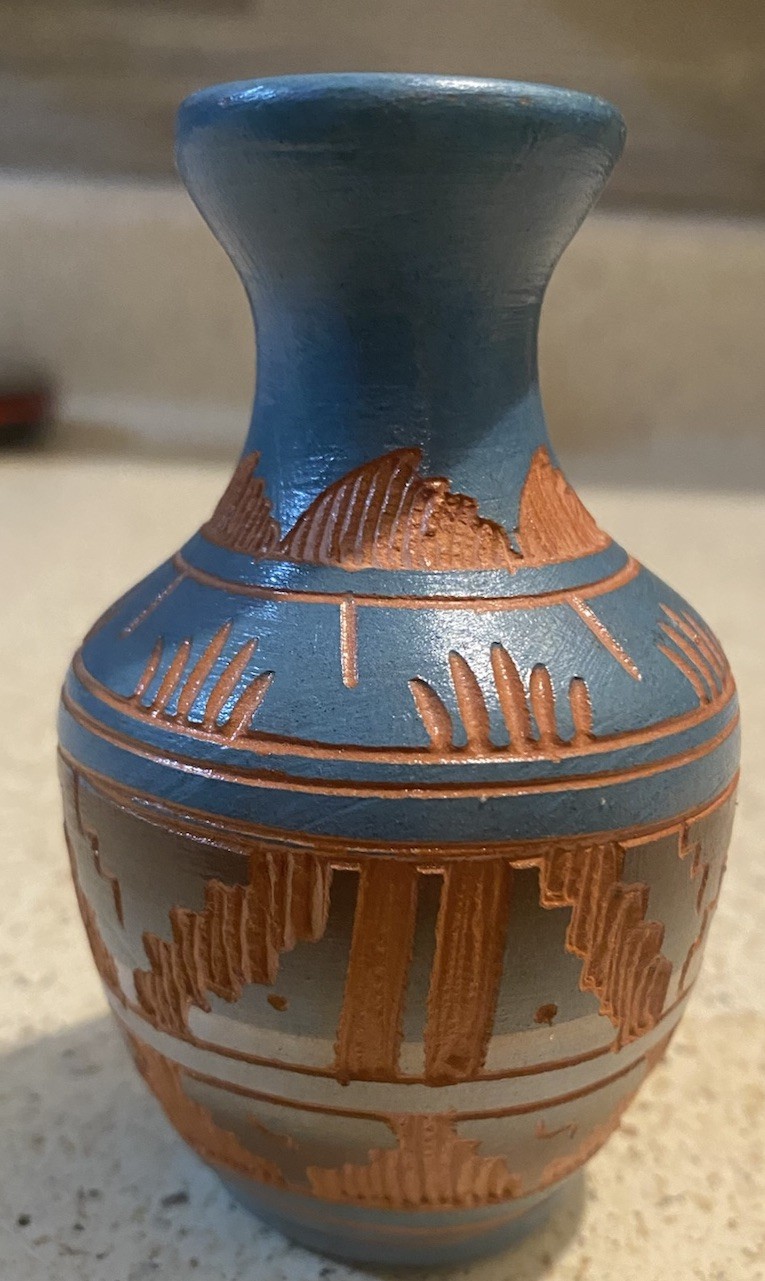Signed Navajo Miniature Red Clay With Blue Overlay Etched Pottery Vase 4”