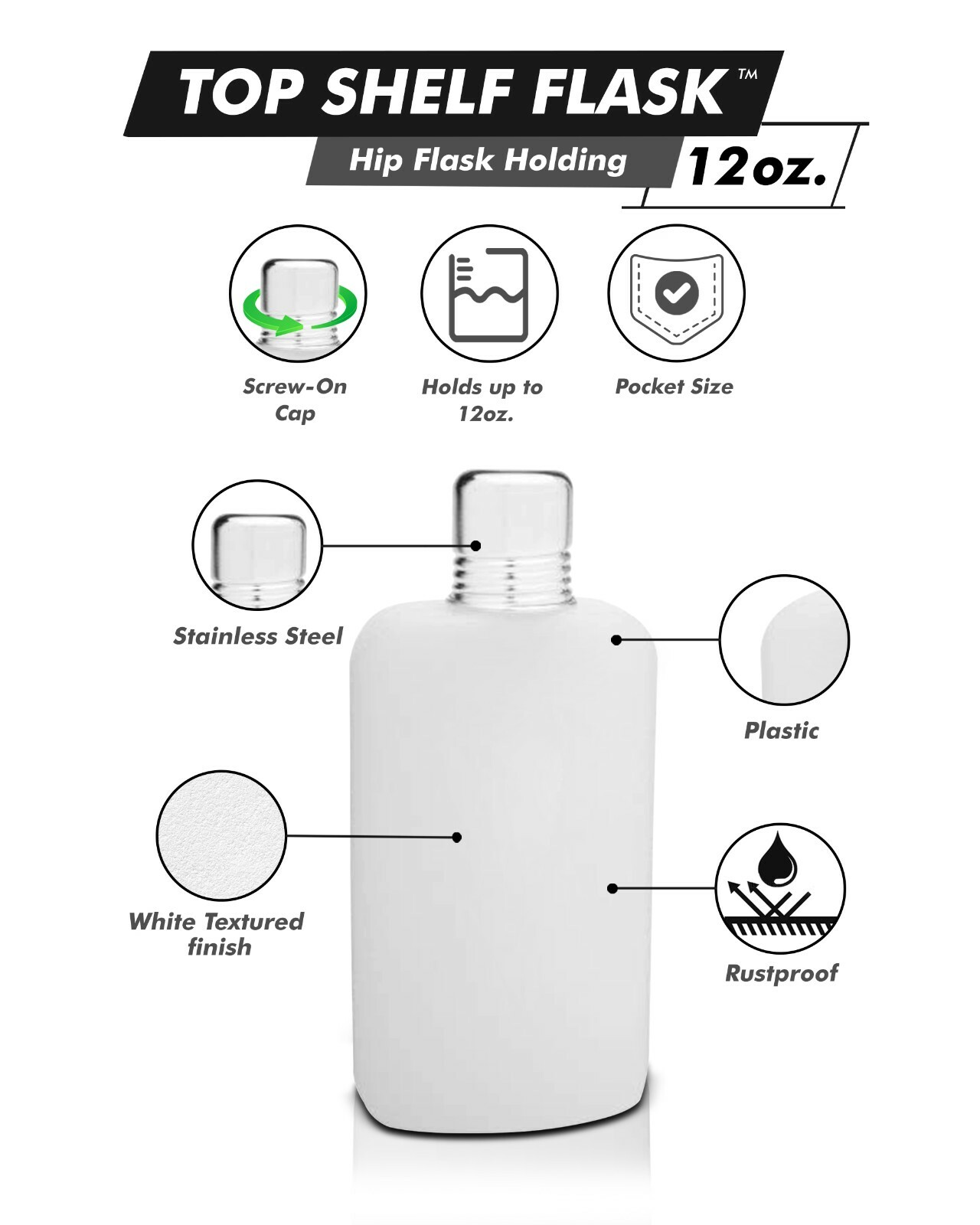 Top Shelf Flasks 12 oz. Plastic Flask With Stainless Steel Shot Cup Lid