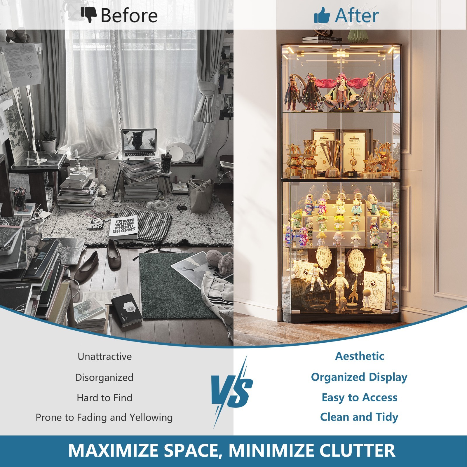 Gurexl Corner Curio Cabinet with RGB Lights , 65" Display Cases for Collectibles