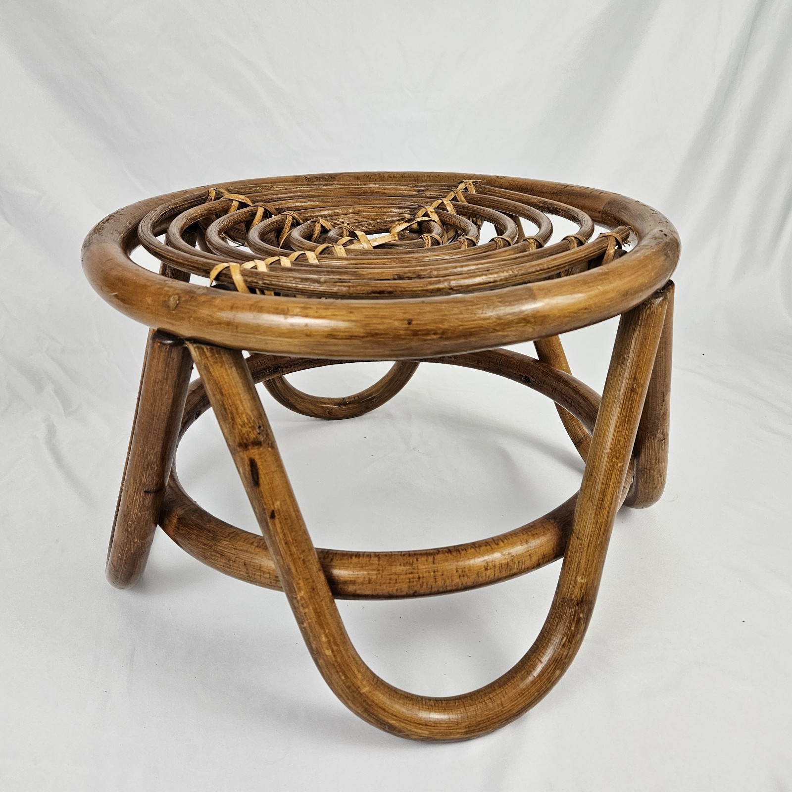 Vintage Rattan Footstool Ottoman Plant Stand Bent Bamboo Boho Mid-Century Modern