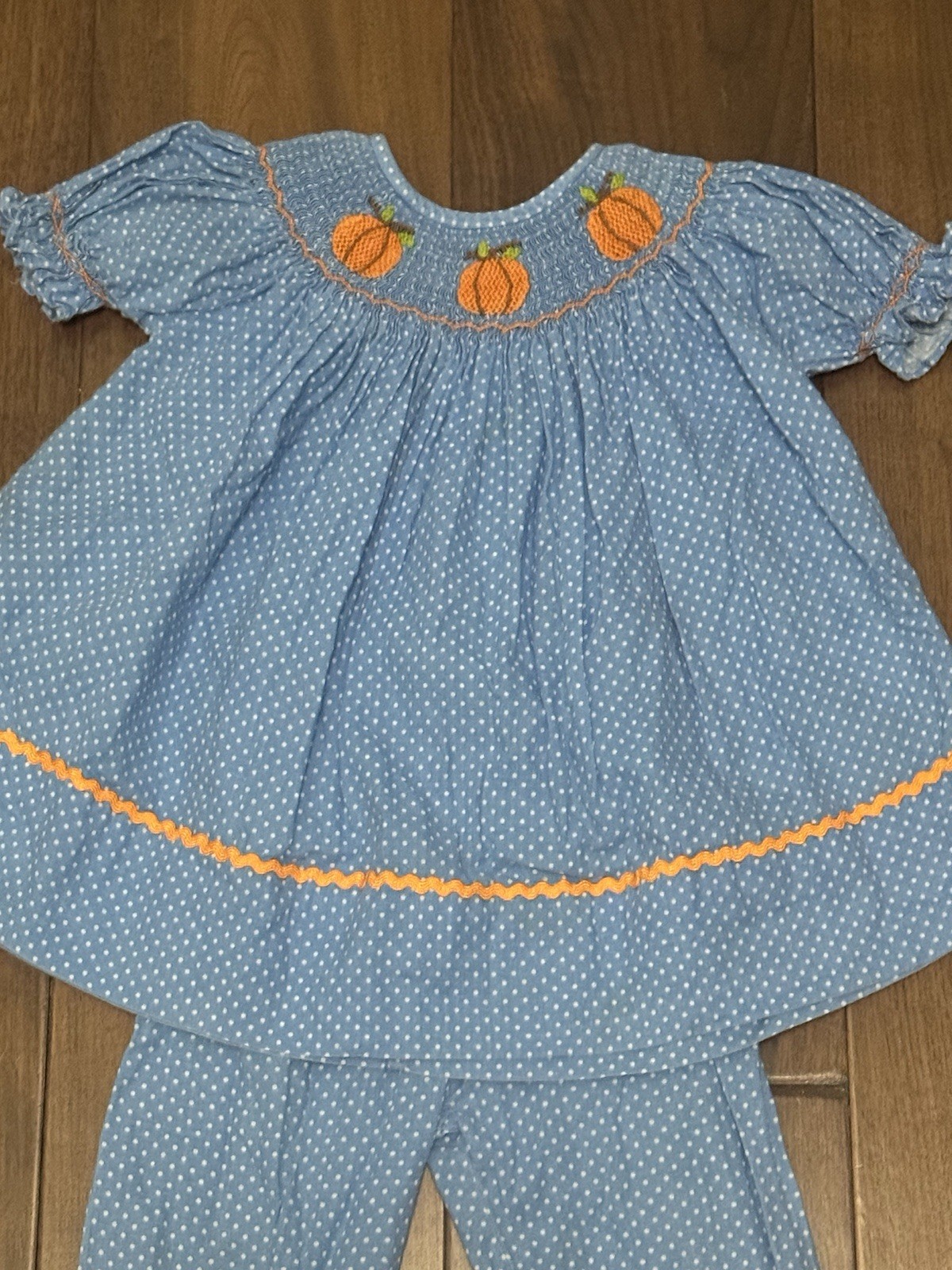Smocked Sweets Size 3 Two Piece Blue Fall Outfit Smocked Pumpkins Girls