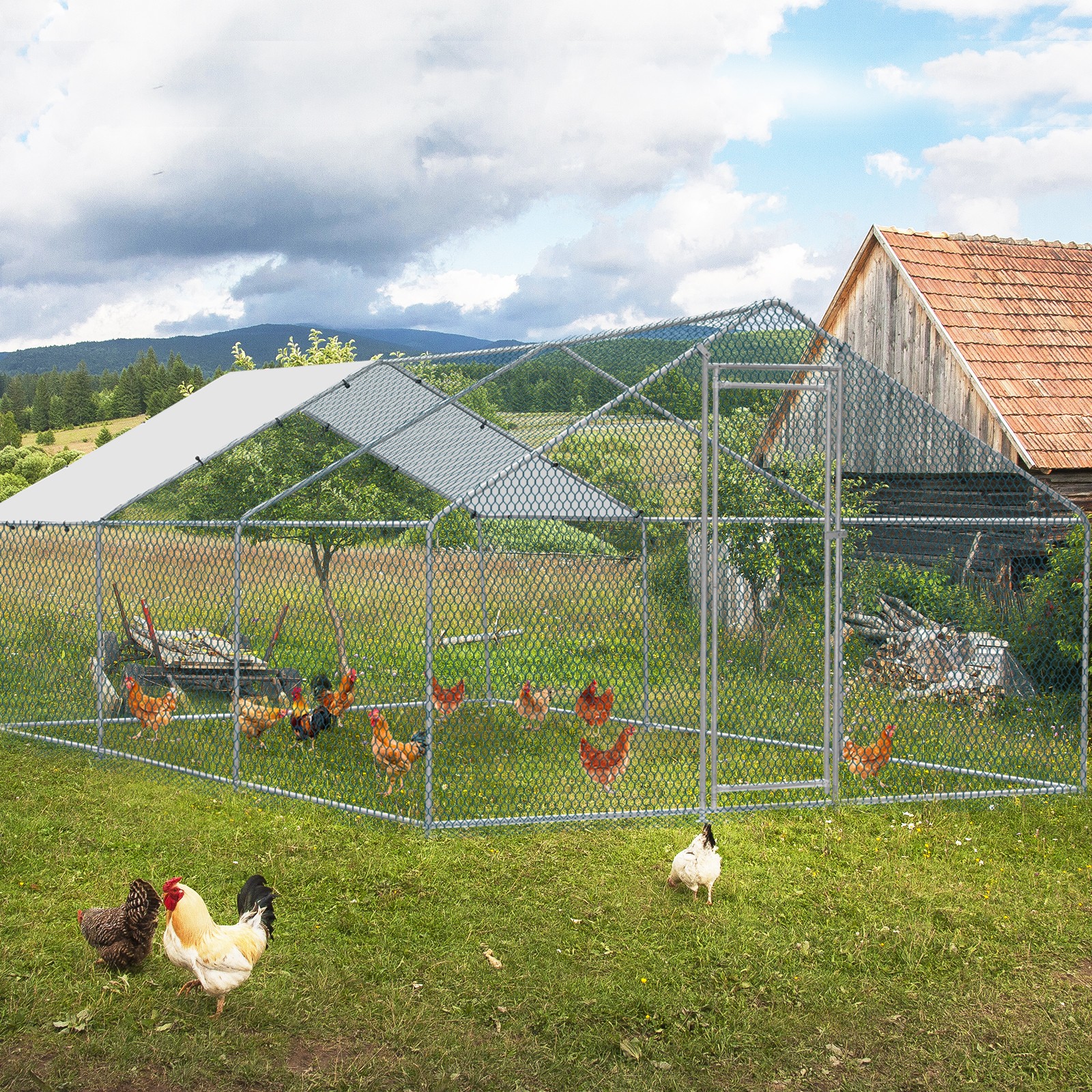 10 x 20 x 6.6FT Large Metal Chicken Coop Walk-In Chicken Run Peaked Roof w/Cover