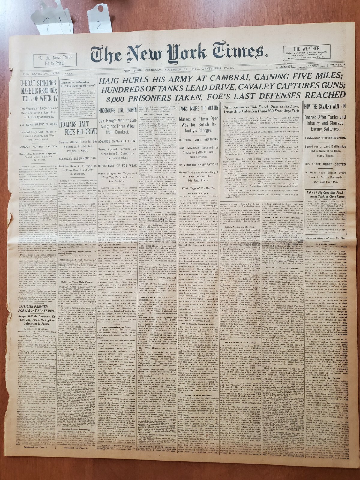1917 NOVEMBER 22 NEW YORK TIMES - HAIG HURLS HIS ARMY AT CAMBRAI - NT 8080