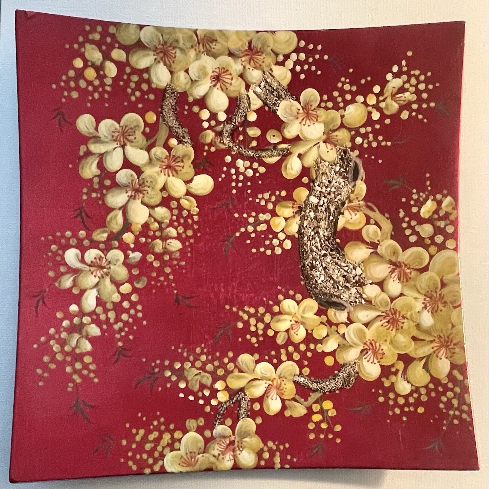 Japanese Lacquer Wall Plaques Cherry Blossoms Red Foil Set of 3