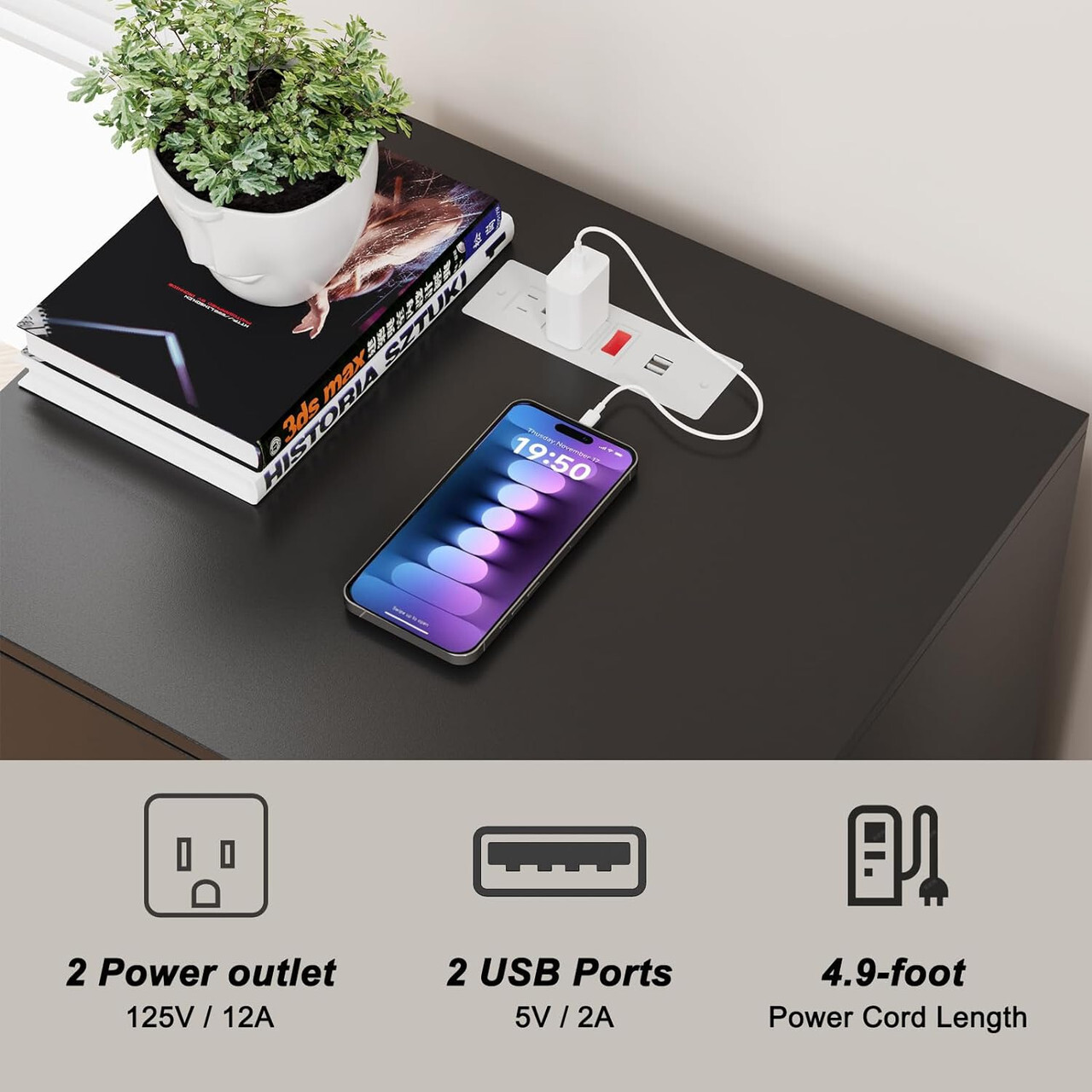 Set of 2 Nightstand Bedside Table 2 Drawers with Charging Station and USB Ports