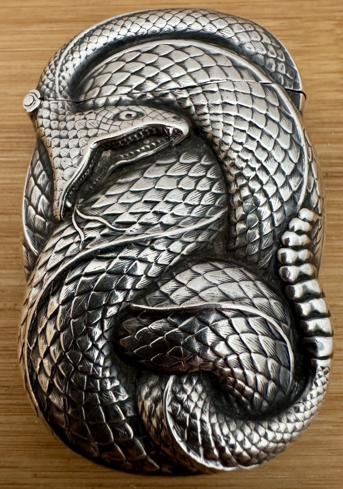 VERY RARE WILLIAM KERR STERLING FIGURAL RATTLESNAKE MATCH SAFE VESTA CASE C 1905