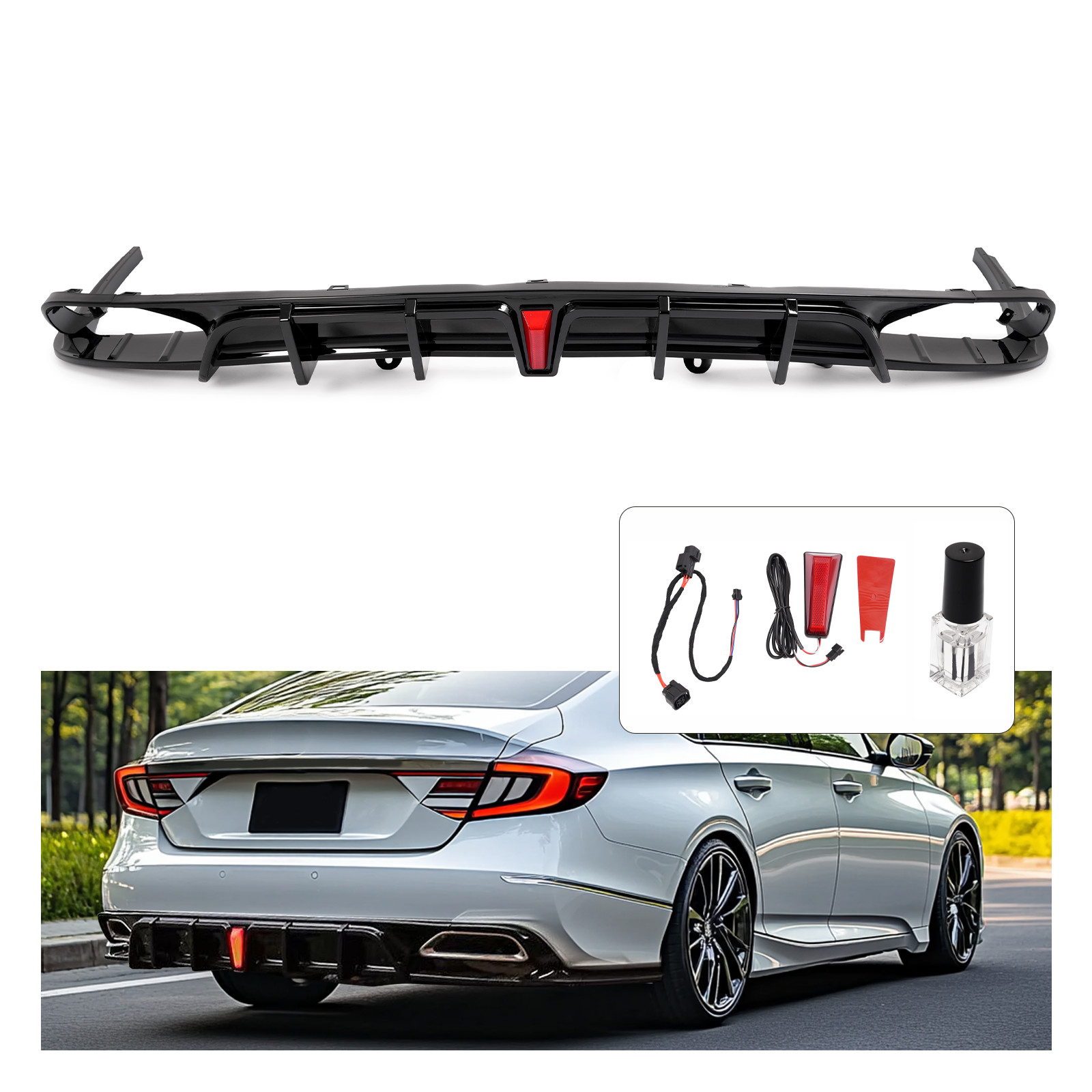 Fits 2018-2022 Honda Accord NEW Rear Bumper Diffuser & Light Glossy Black Trim