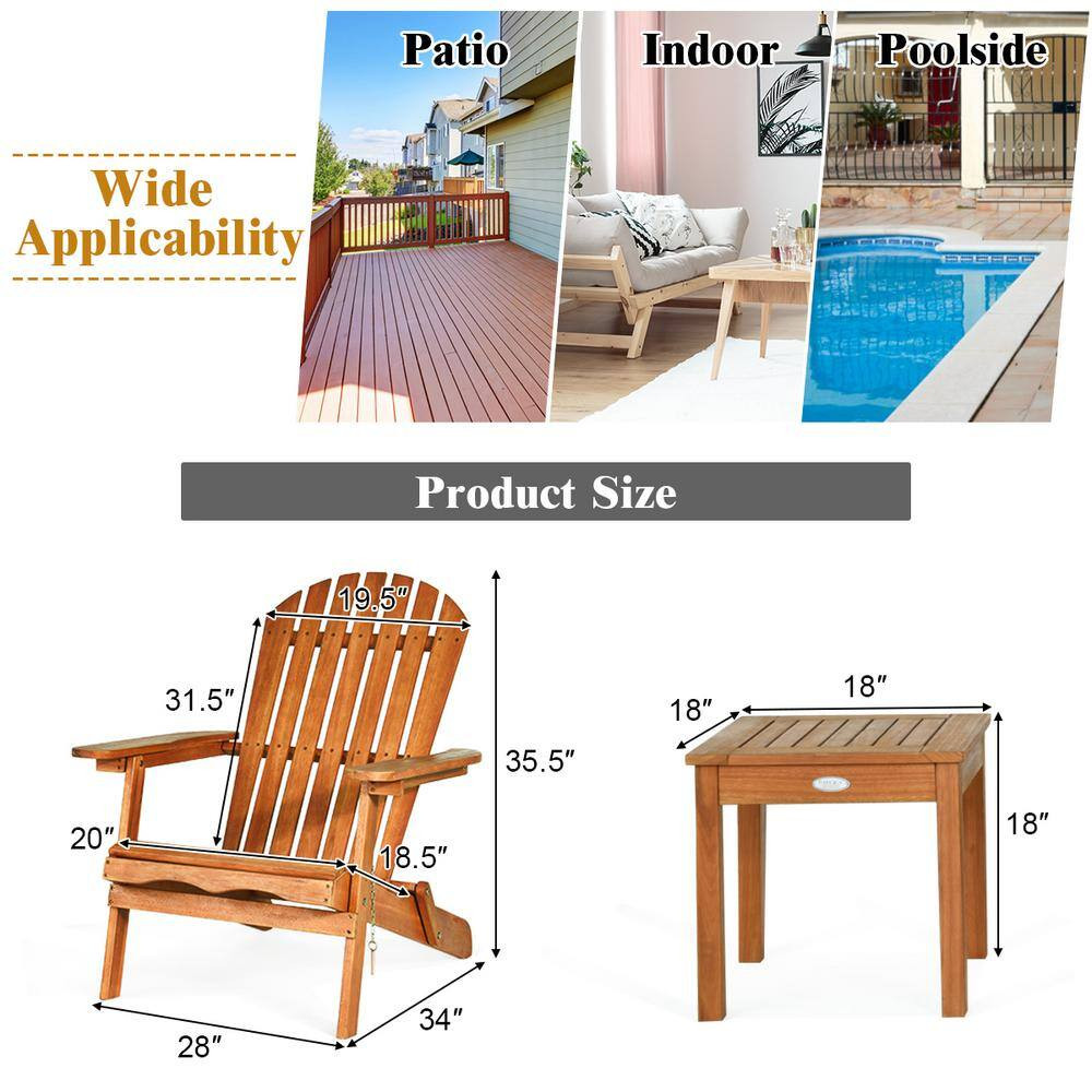3 Piece Wooden Adirondack Patio Conversation Chair Table Set Folding Seat Furnit