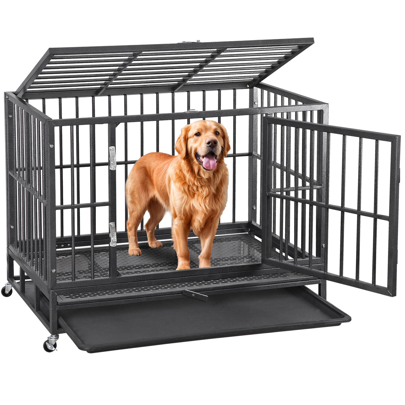 Heavy Duty Metal Dog Kennel Double Door Big Dog Cage w/ Removable Dog Crate Tray
