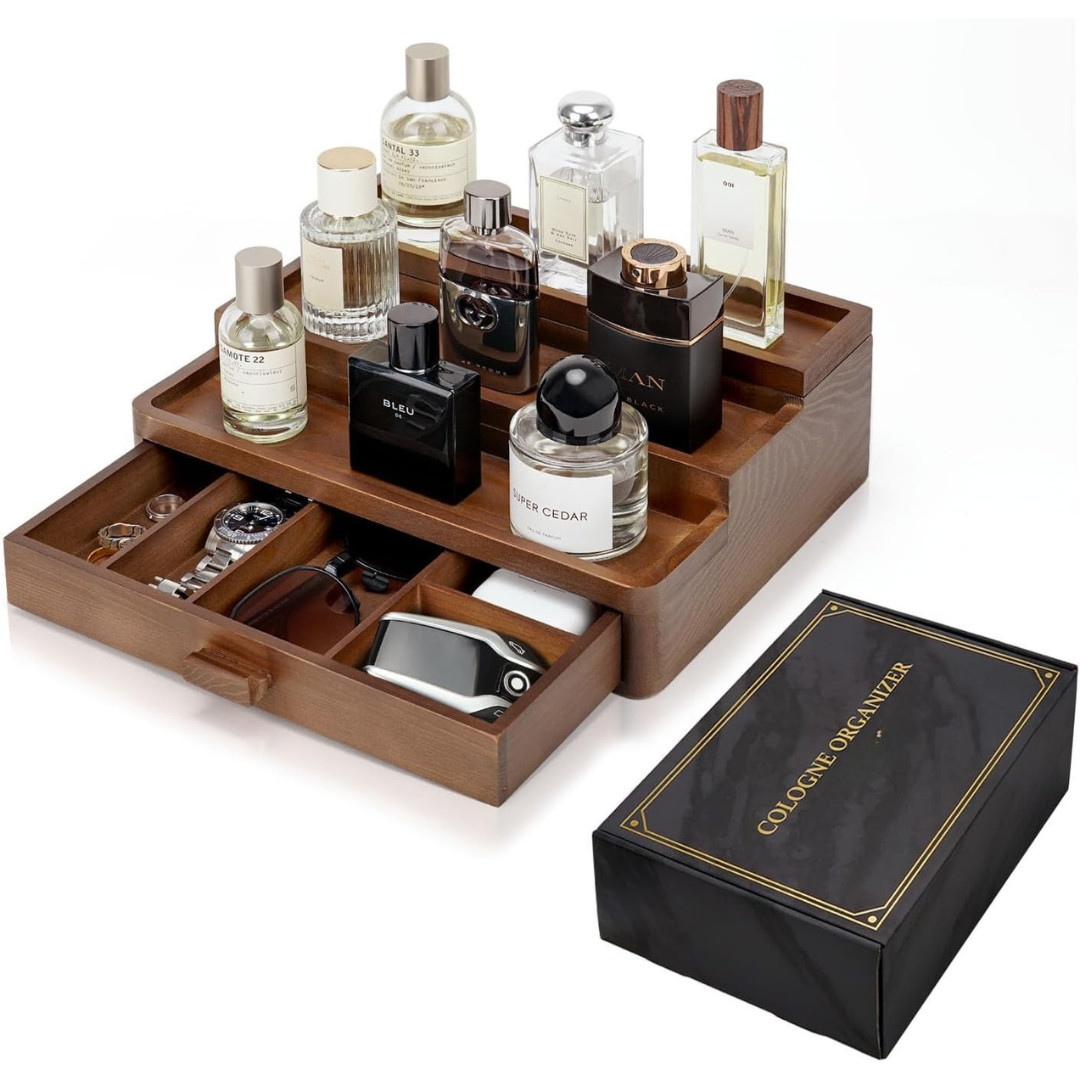 Cologne Organizer 3 Tier Wooden Stand W/ Drawer Storage Hidden Compartment Brown