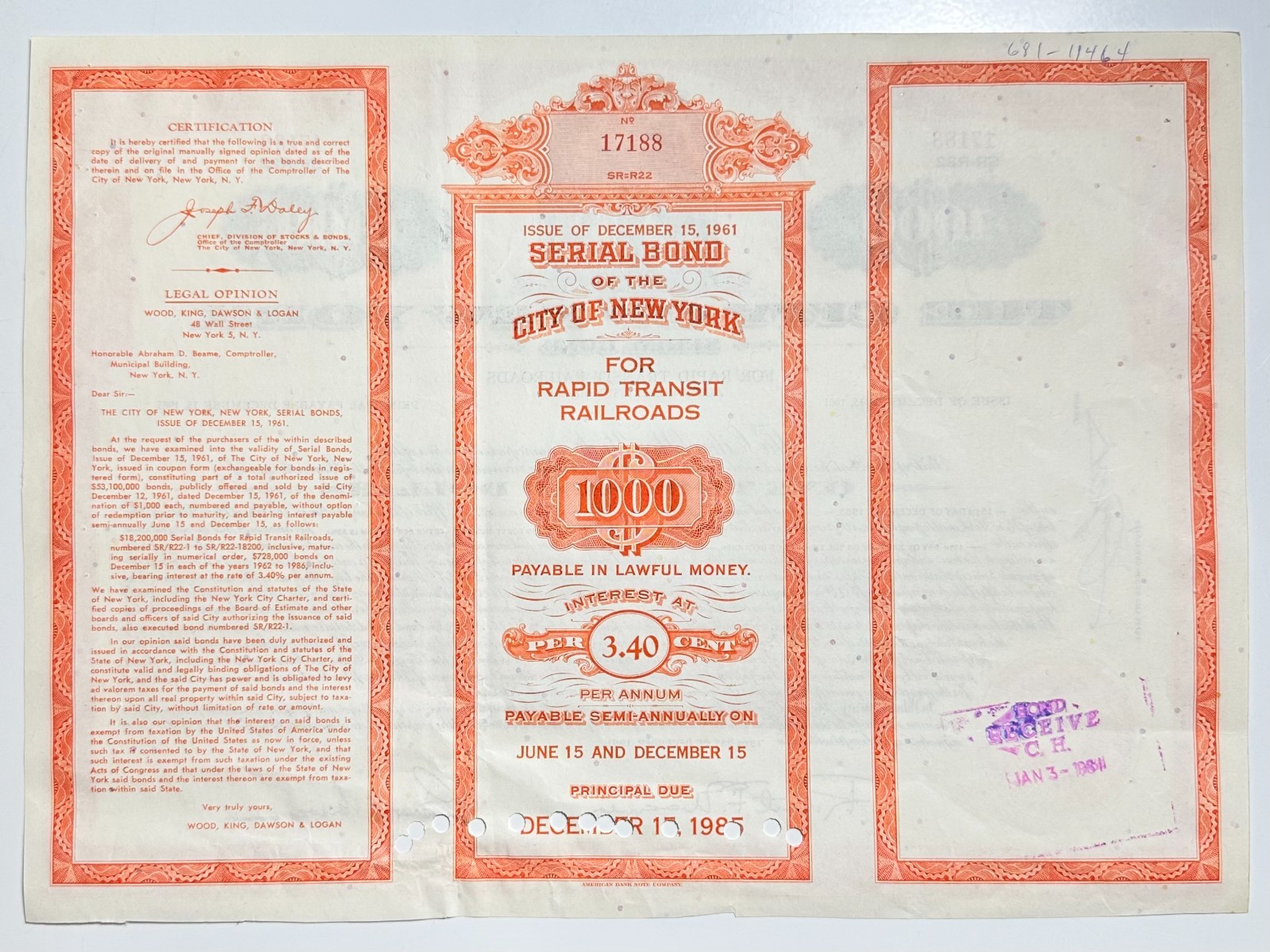 1961 The City of New York, Serial Bond for Rapid Transit Railroads