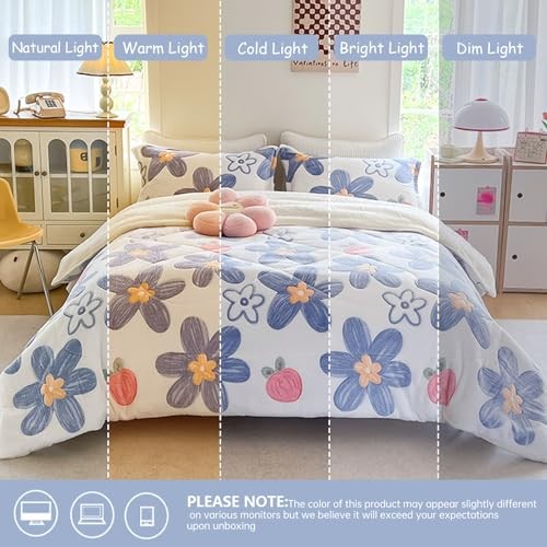 Fleece Comforter Set - 3 Piece Queen Size Thick Queen(90"x90") Blue Floral
