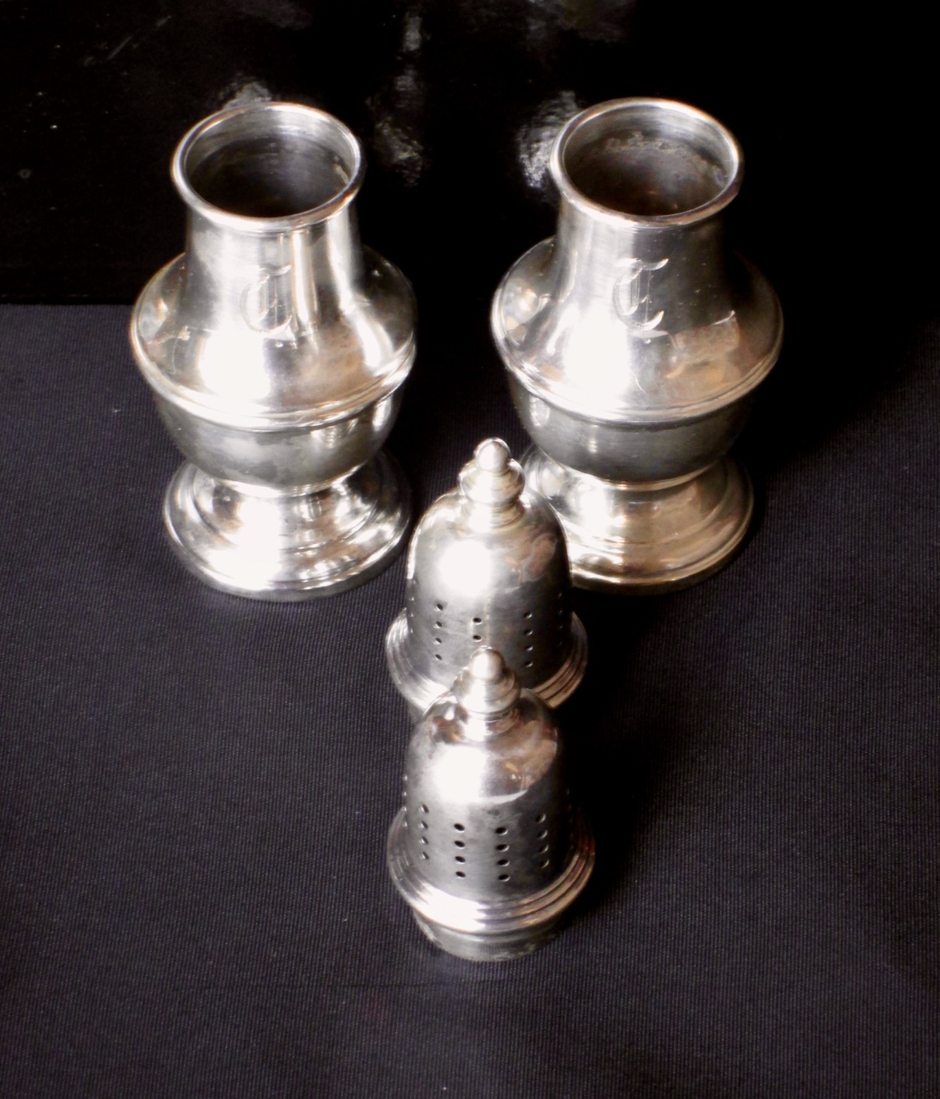 Antique Sterling RTH 136 Pedestal Salt and Pepper Shakers, Art Deco,30s,monogram