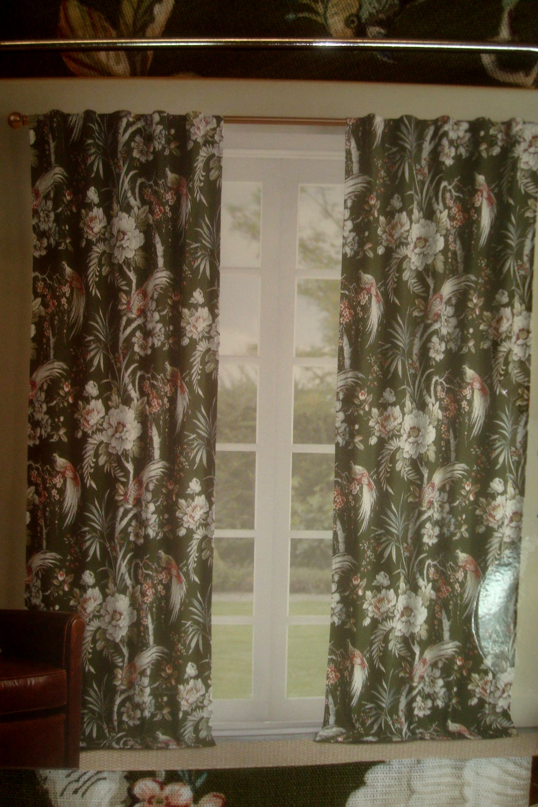 NWT Moss & Willow 2 pc Curtain Panels BIRD Floral Cotton blend Green 96" lg