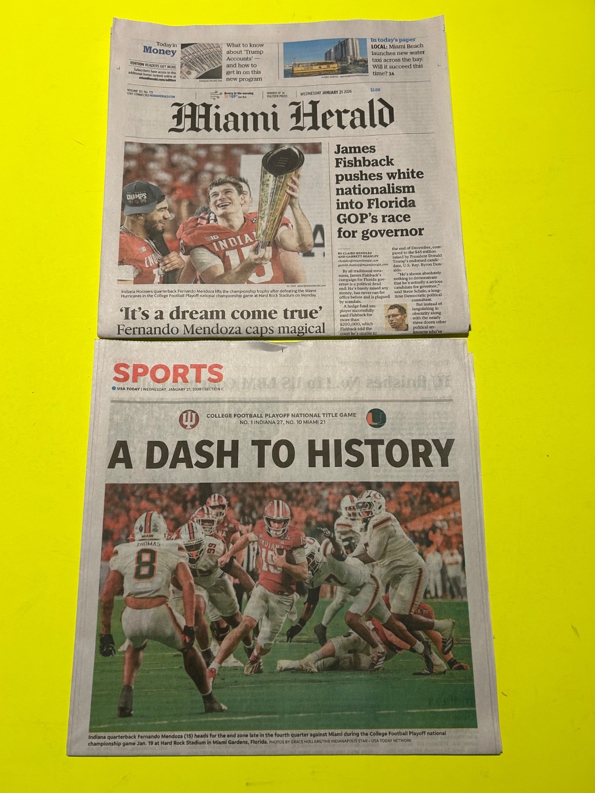 USA Today & Miami Herald INDIANA HOOSIERS FERNANDO MENDOZA LOT OF 2 FROM 1/21/26