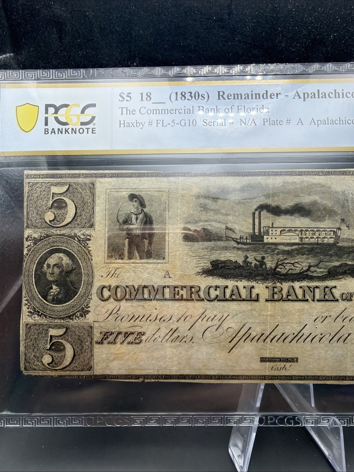 1830s APALACHICOLA, FLORIDA $5 COMMERICAL BANK OF FLORIDA NOTE PMG VERY FINE 25