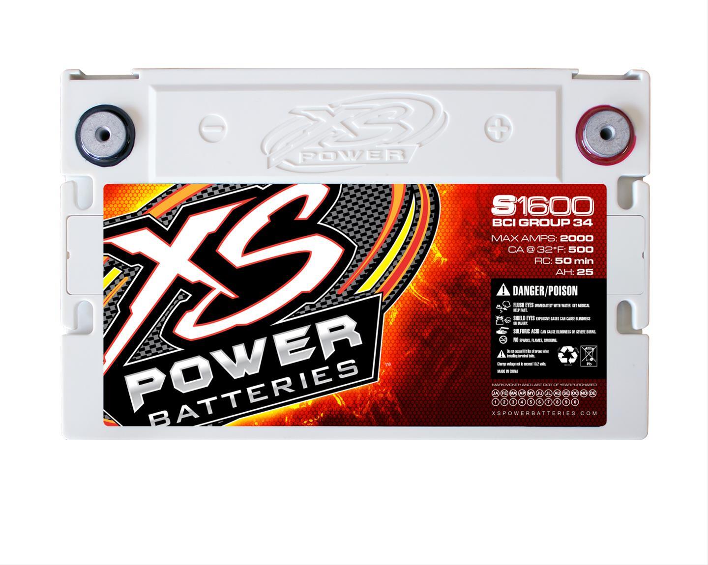 XS Power S1600 16V Lightweight AGM Battery with 3/8" Stud Terminal, Max 2000Amps