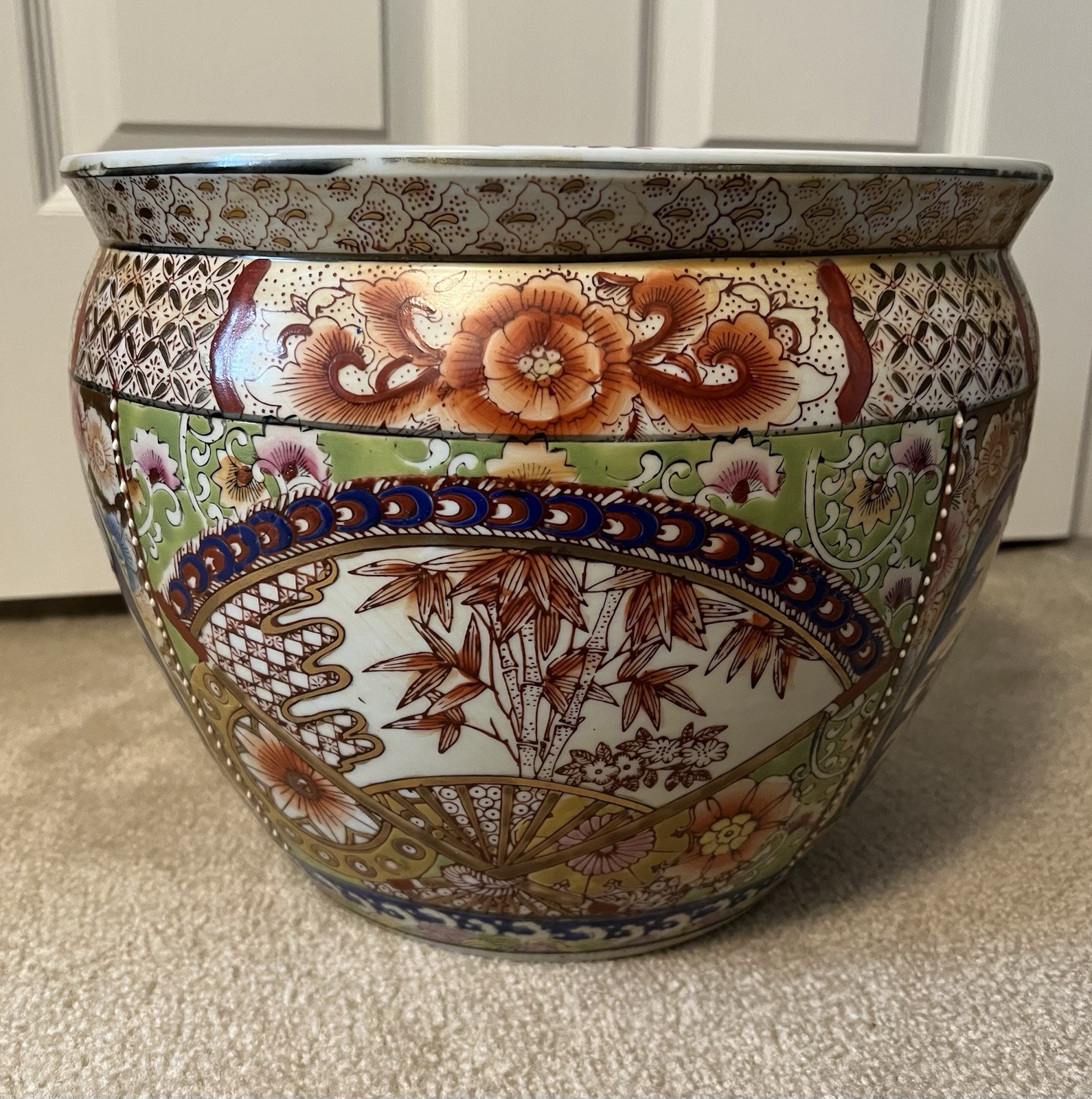 Chinese Koi Fish Bowl Jardiniere Pot Planter Hand Painted Porcelain 12"