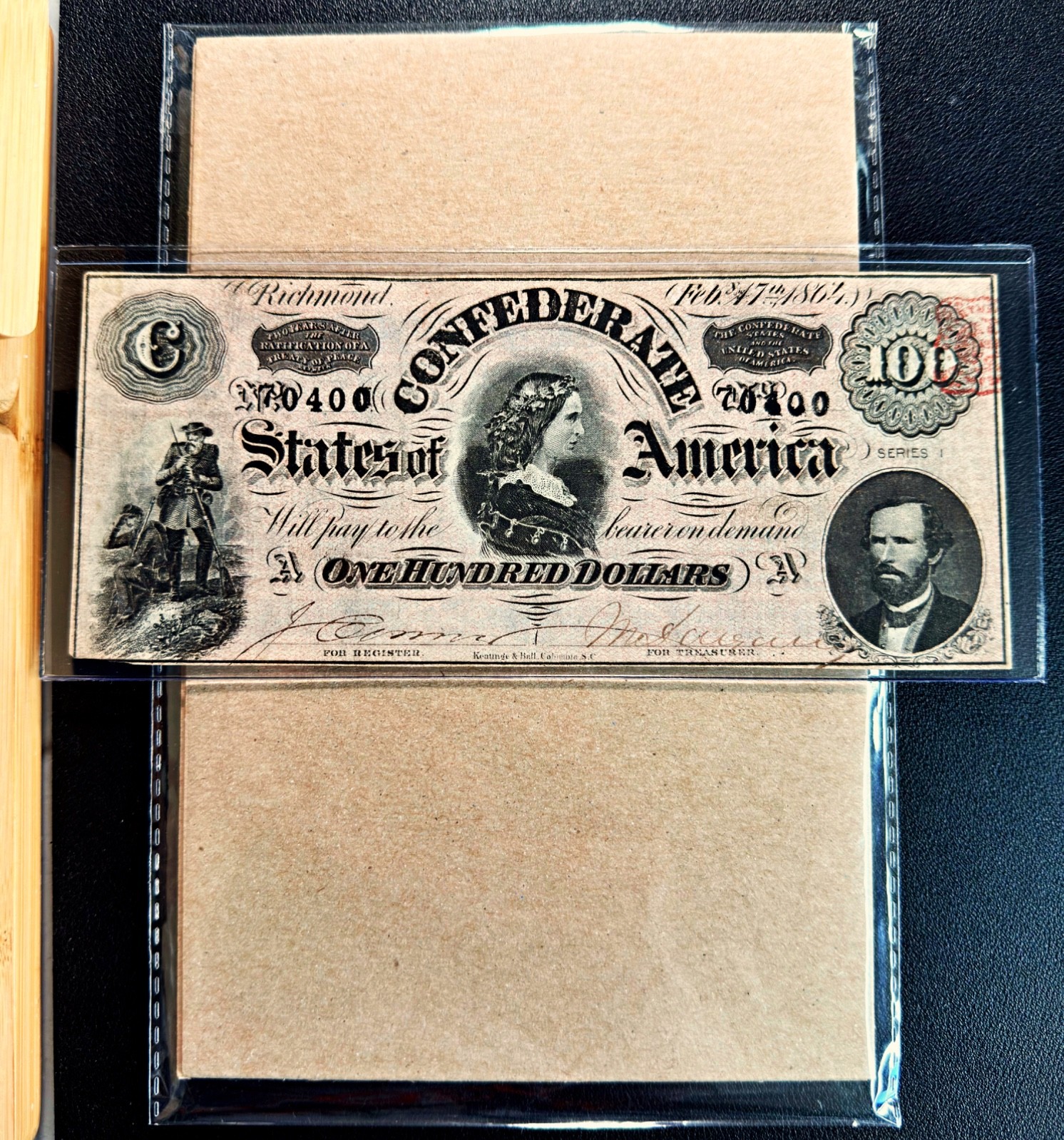 T-65 1864 $100 Confederate States of America CSA "Red Stamp" - VF/ XF Comment