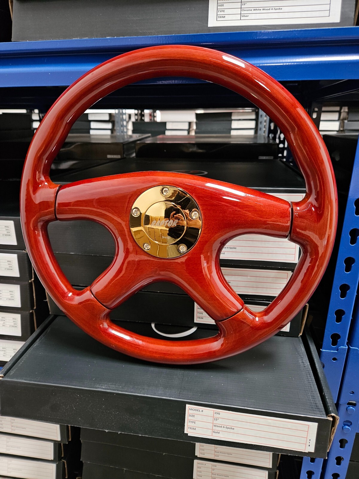 RAPTOR 15" MAHOGANY WOOD STEERING WHEEL - GOLD