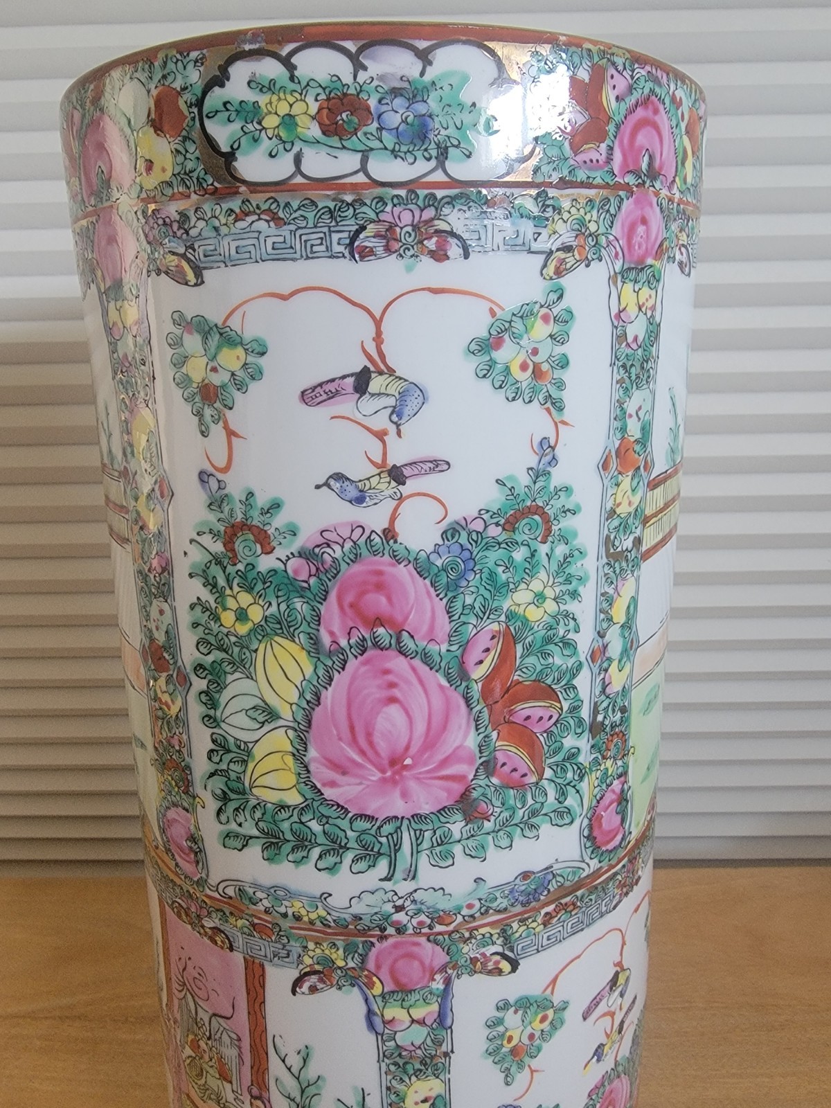 Vintage Porcelain Asian Umbrella Stand Pot Hand Painted 18 3/8" x 8 1/8"