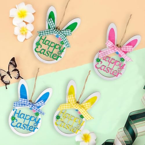 4 Pcs Bunny Tree Ornament Wooden Hanging Happy Easter Ornaments with Bunny-2