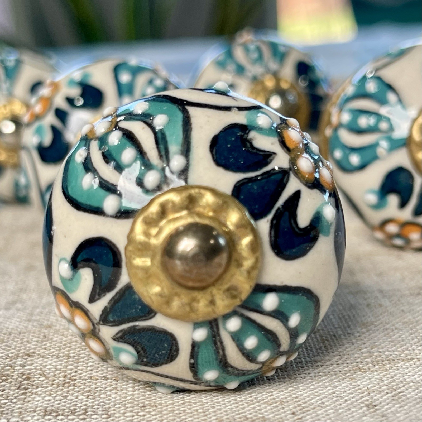 6 Hand Painted Ceramic Boho Floral Drawer Knobs Turquoise Blue Gold White Orange