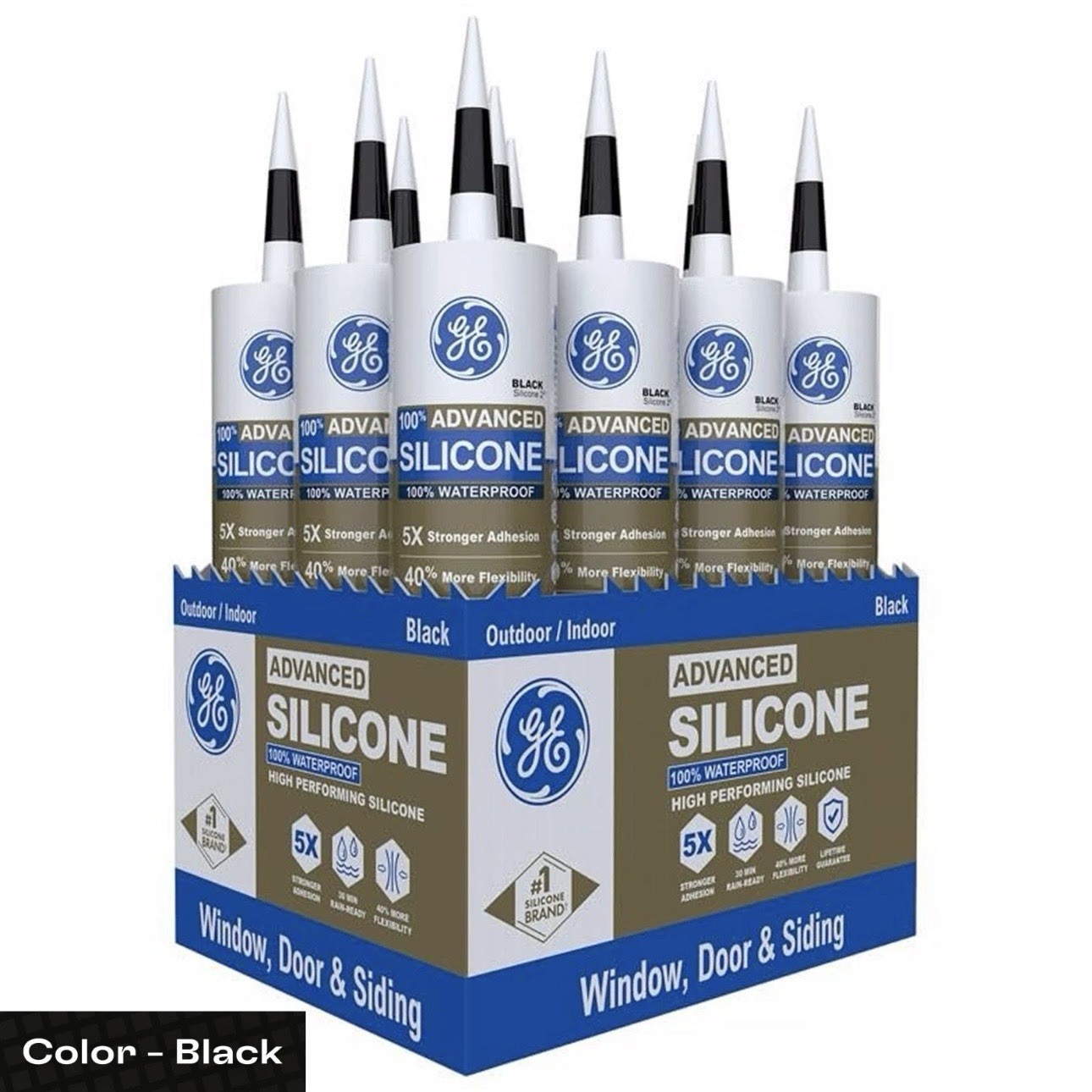 GE Advanced Silicone 2 Window and Door BLACK Silicone Caulk 10.1 oz - Pack of 12
