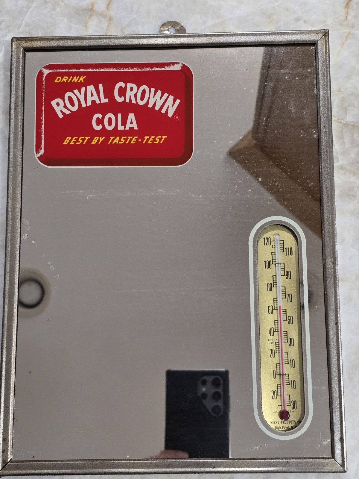 Vintage 1940's Royal Crown Cola Mirror with Thermometer - Original