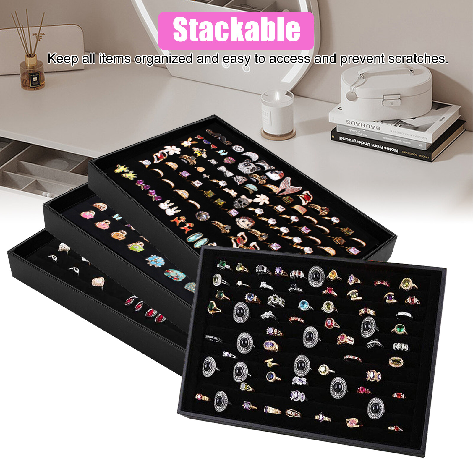 100 Slots Jewelry Ring Display Organizer Tray Holder Earrings Storage Boxes Case