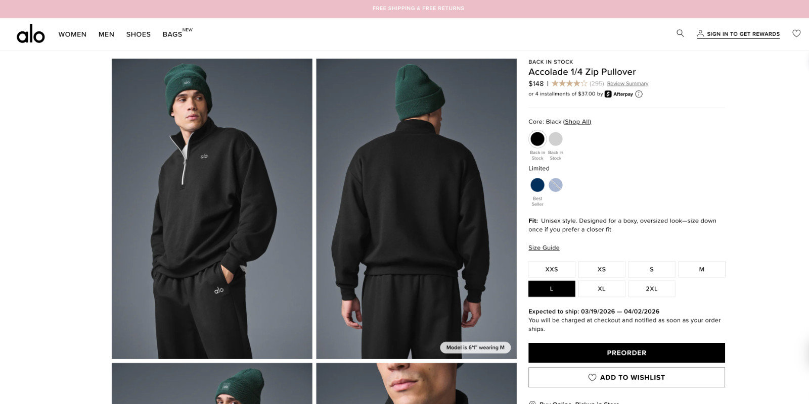 BRAND NEW ALO Yoga Size Large Black Accolade 1/4 Zip Pullover Collared Unisex