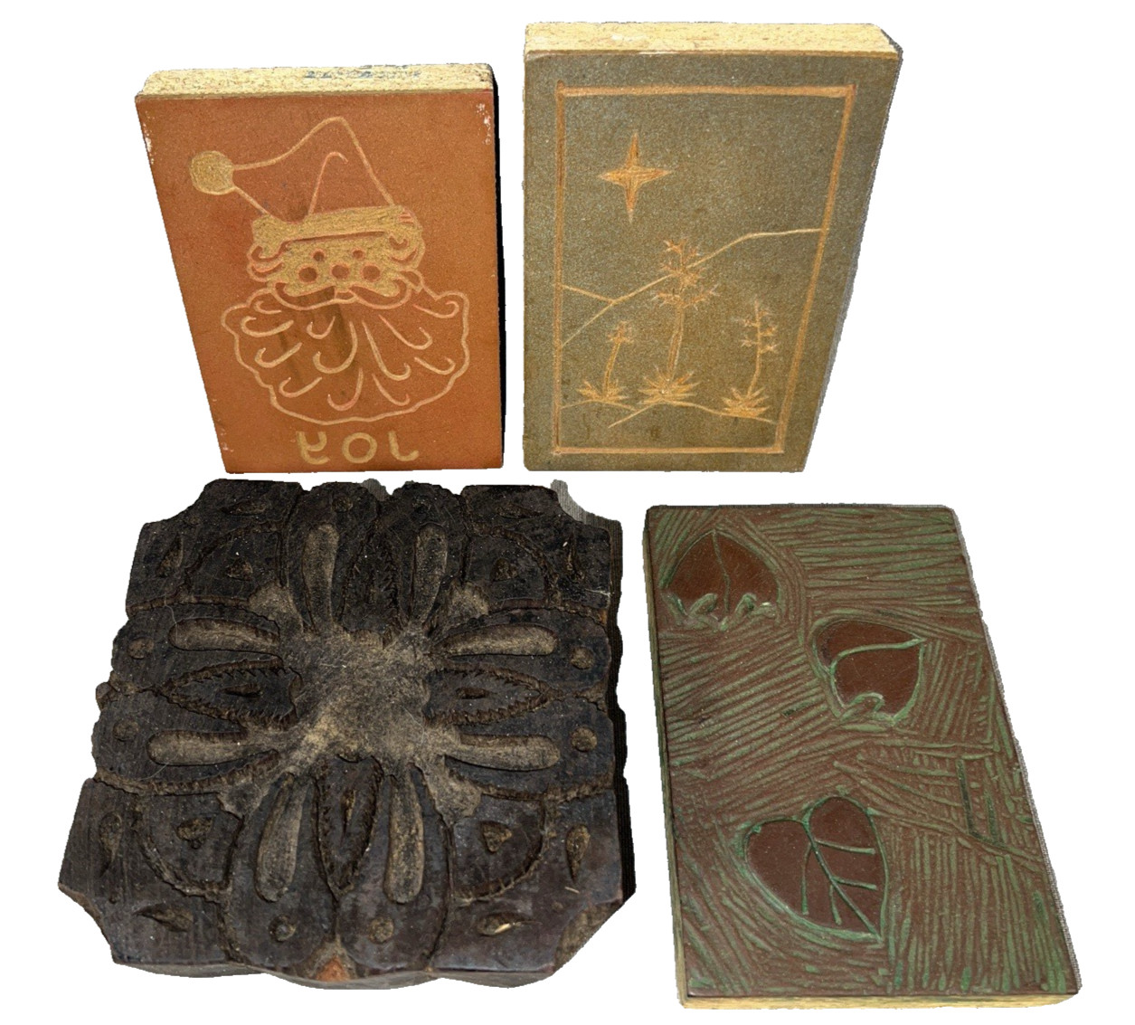 VTG 4 Hand Carved Wood Printing Block Stamp Leaf Floral Santa Abstract Pattern
