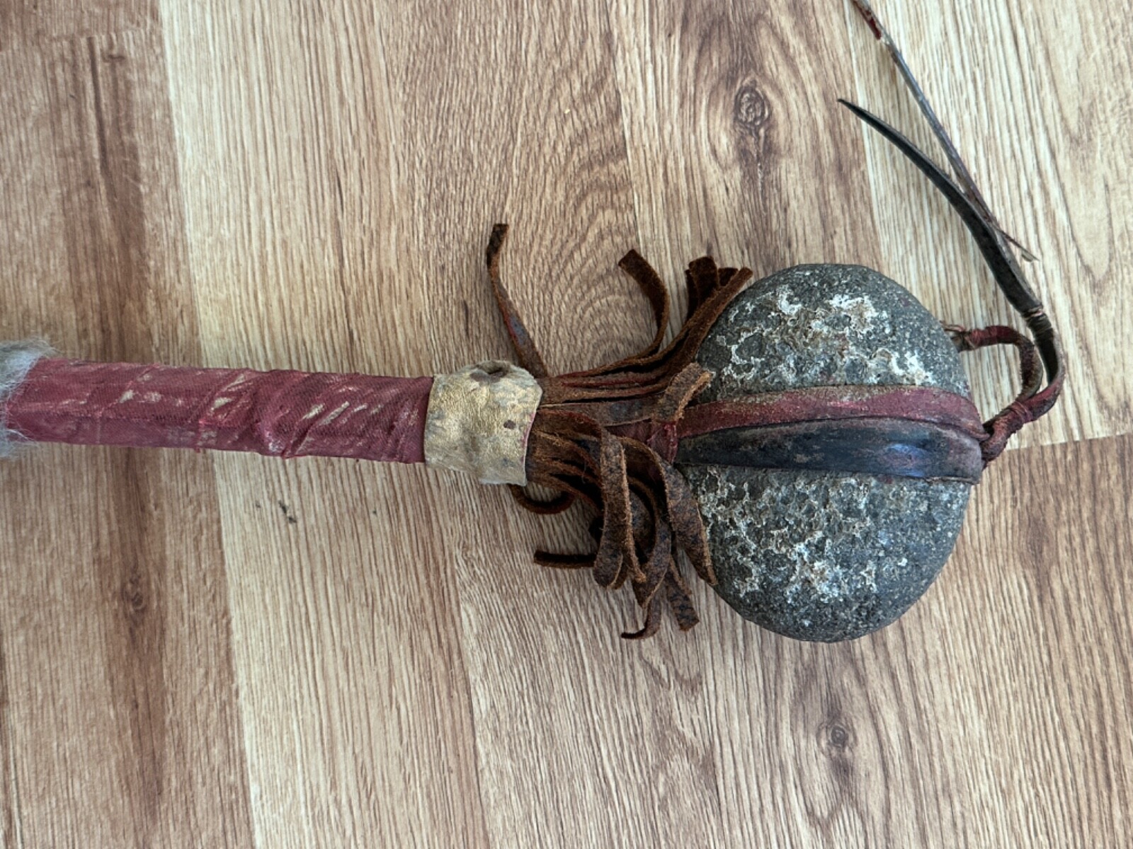 Antique Native American skull cracker weapon tomahawk rawhide painted stone club