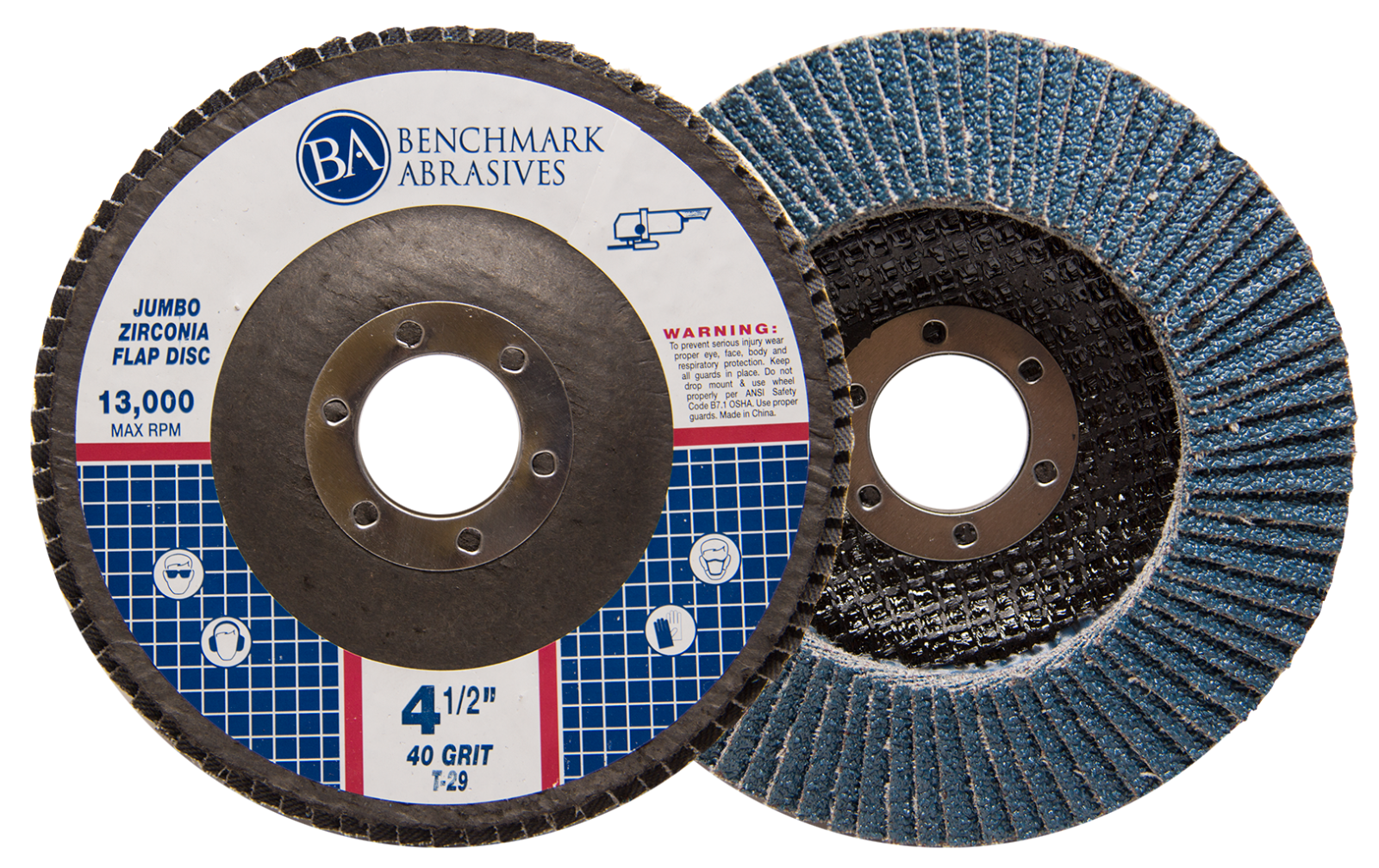 50 Pack 4.5” x 7/8" Jumbo 40 Grit Zirconia Flap Disc Grinding Wheels T29
